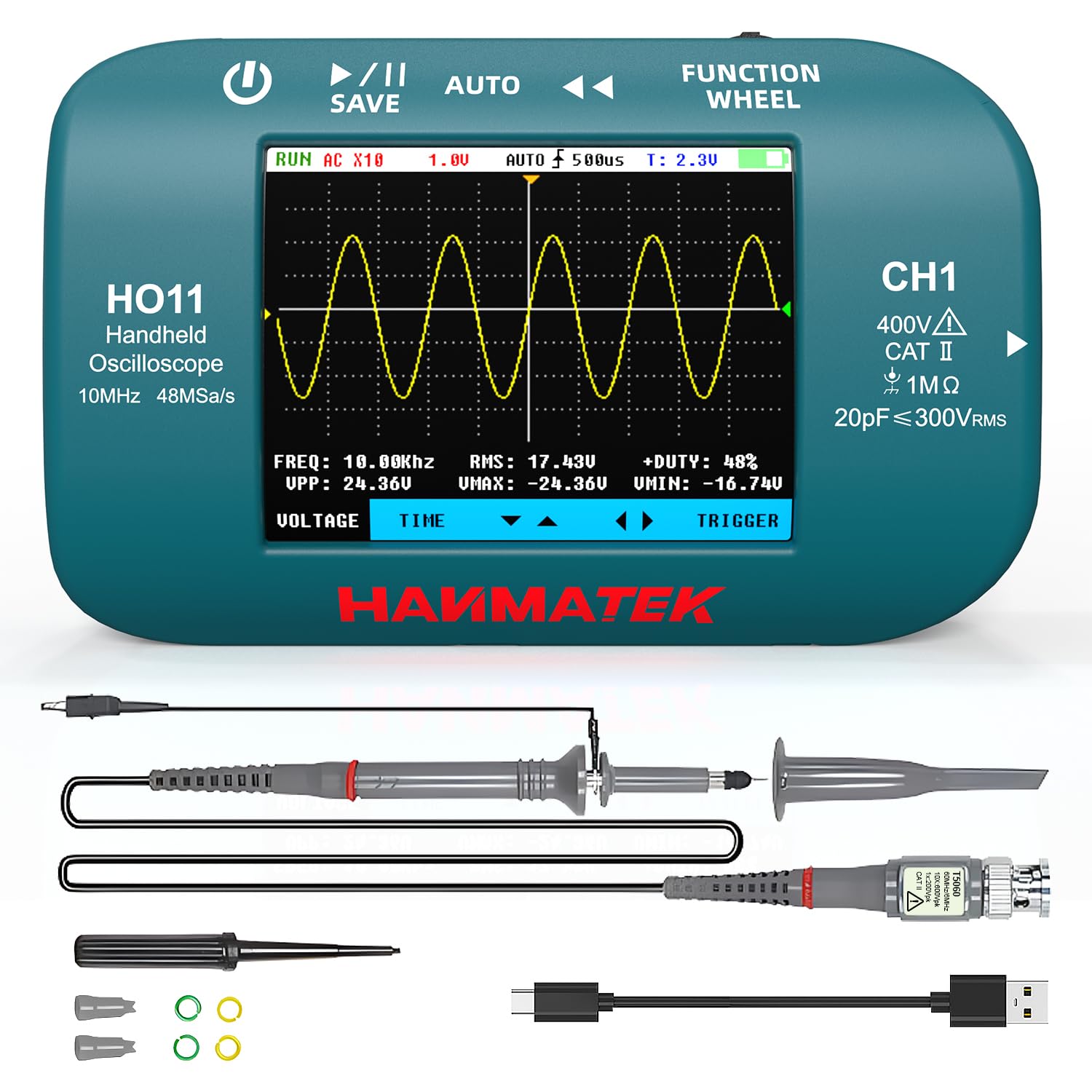 HANMATEK HO11 Handheld-Digitaloszilloskop (10 MHz, 48 MSa/s) mit 2,8“-TFT und USB-Laden