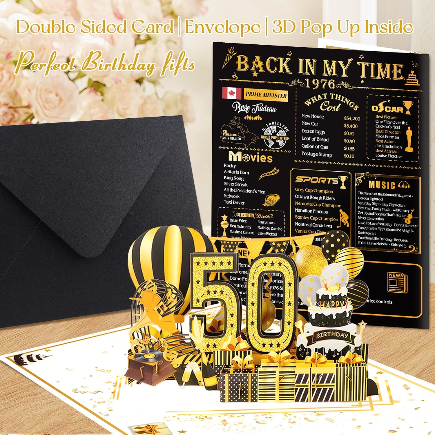 Detalle 2 de OLOSONG 50th Birthday Pop-Up Card, Black and Gold 3D Design