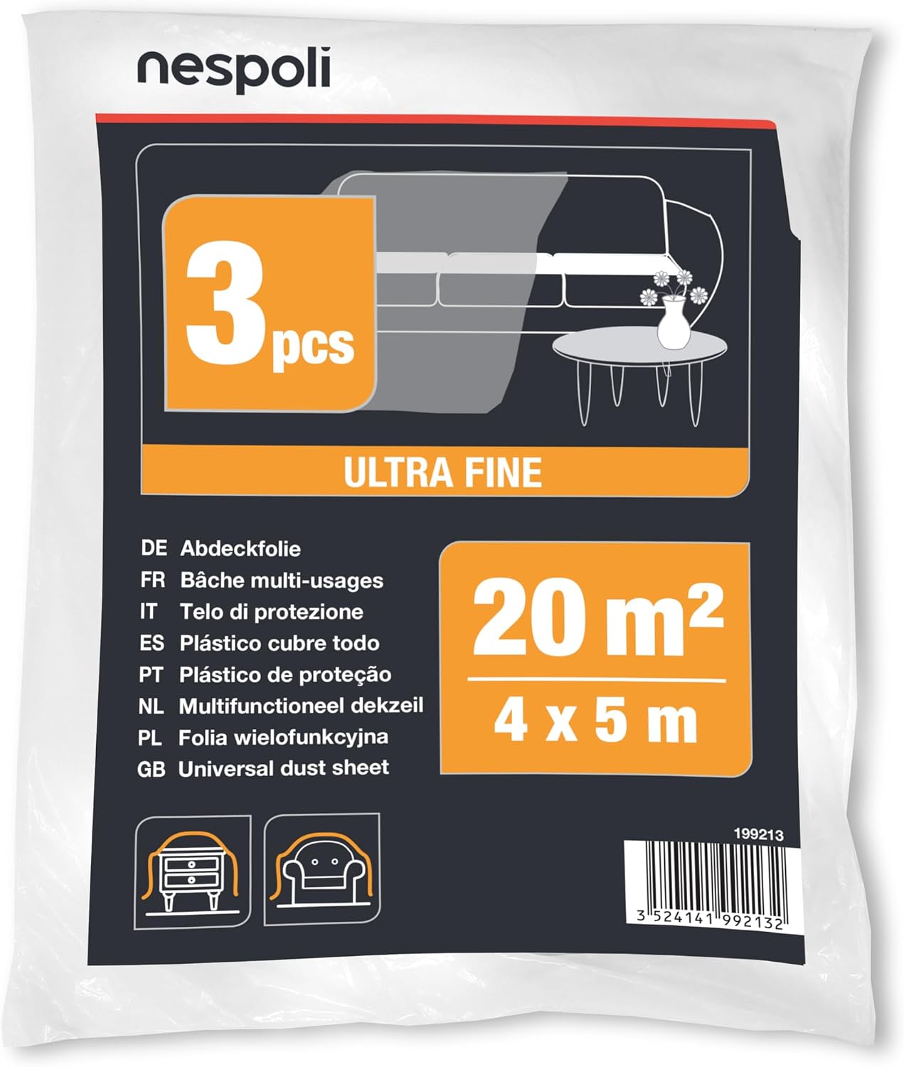 Nespoli Lot de 3 serviettes de protection 4 x 5 m – 20 m² chacune, bâche plastique ultra fine et transparente pour meubles