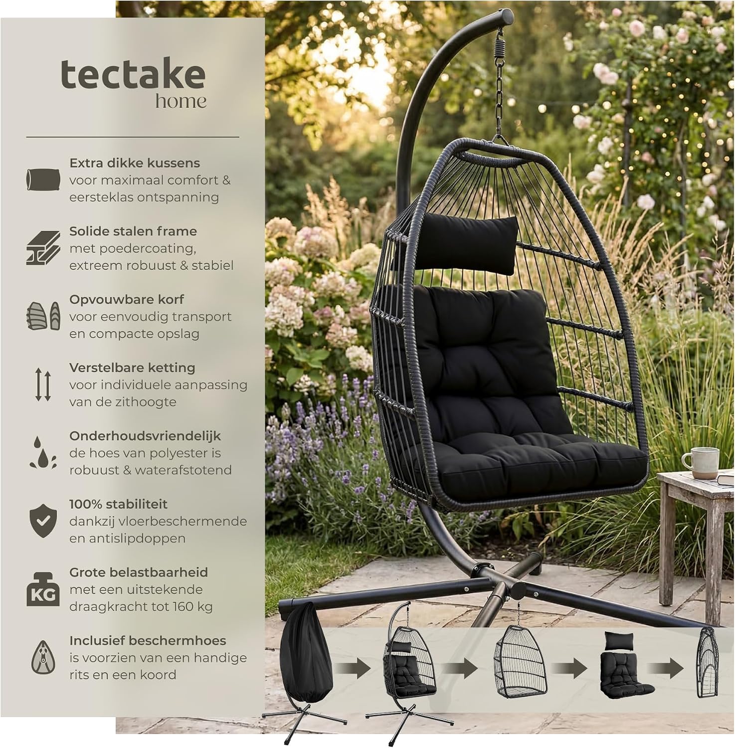 Detalle de tectake 404981-1 hangstoel met draaibare kuip, dikke kussens en beschermhoes