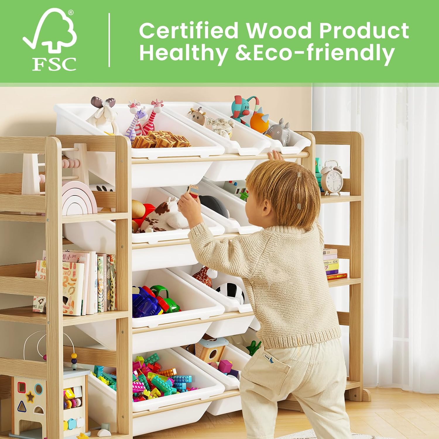 Detalle de EXPERLAM Toy Storage Organizer, Solid Pine Wood