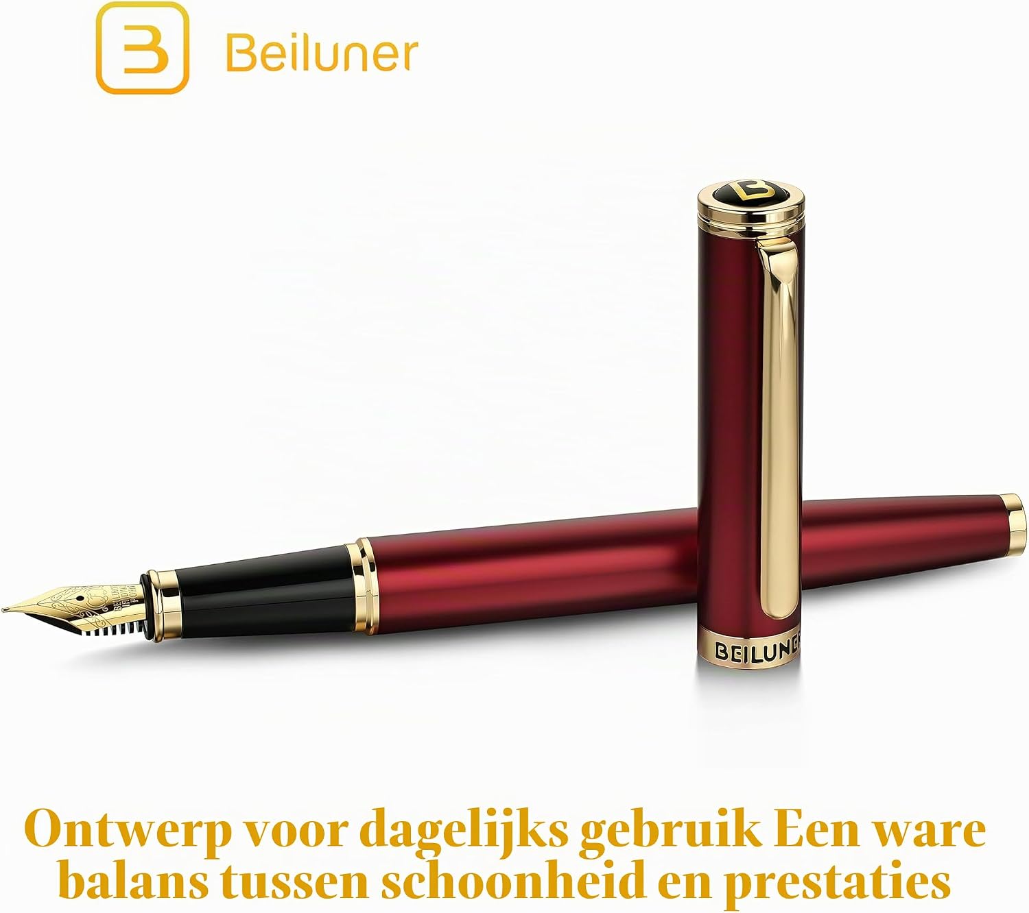 Detalle 2 de BEILUNER FP-F03 vulpen met bordeauxrode lak, 24K gouden accenten en fijne punt