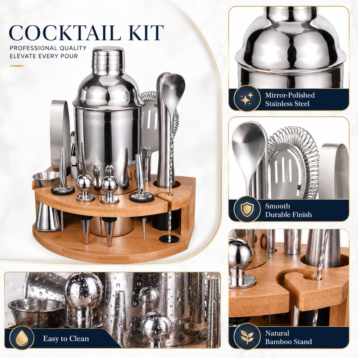 Detalle de Cocktail Shaker Set Esmula 750ML – 12-Teiliges Edelstahl Barkeeper Kit mit Bambusständer