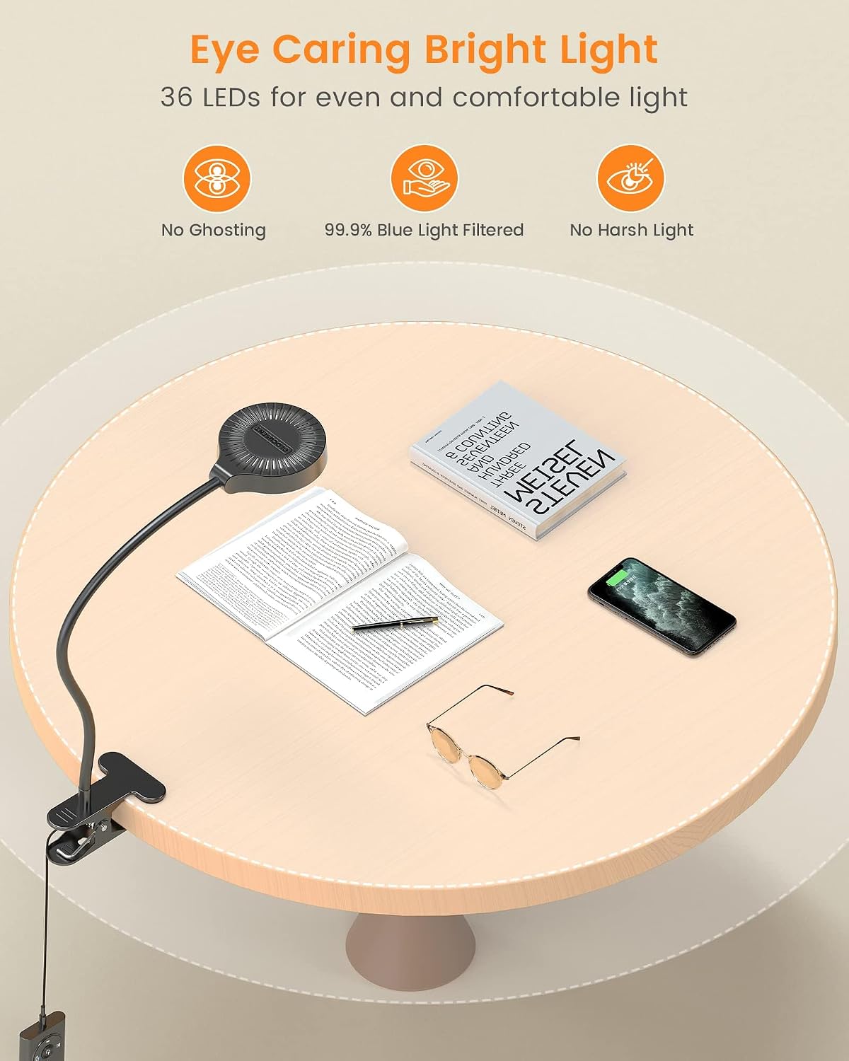 Detalle de Glocusent GLCSNTBL201 5W Clip-On Reading Lamp with Remote, 3 Colors