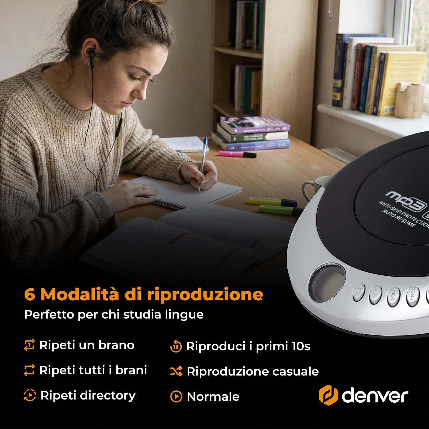 Detalle 2 de Denver DMP-391 Lettore CD Portatile: Walkman con Anti-Shock, Bass Boost e cuffie incluse