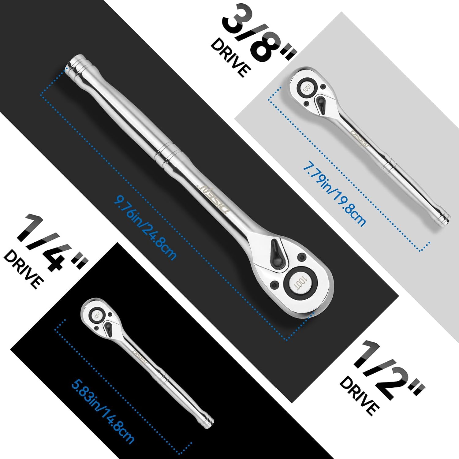 Detalle de DISEN DISEN-3BZGBJLB-100 Ratchet Set, 3 Drive Sizes, 100-Tooth Mechanism