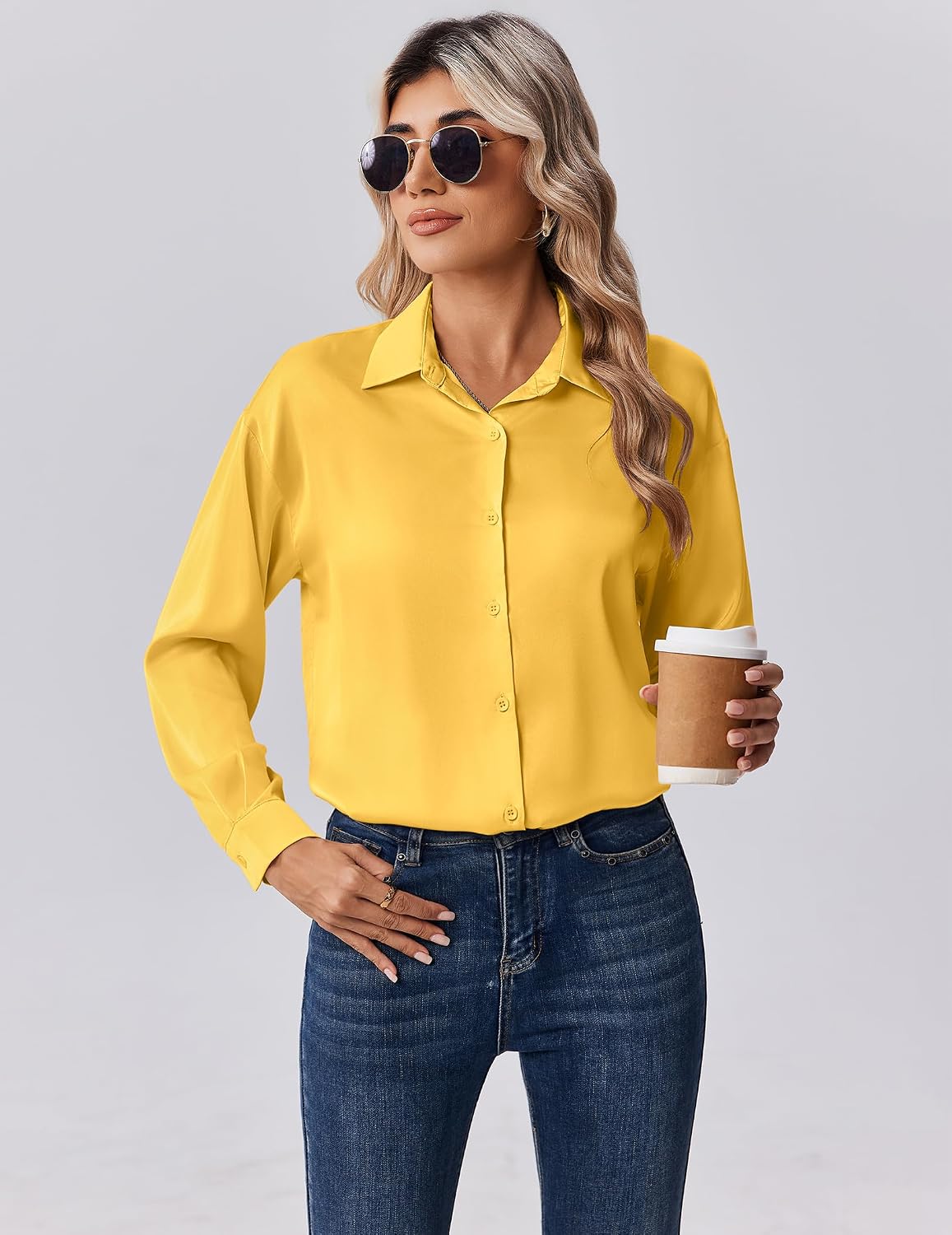 Detalle de Zeagoo Women's Long-Sleeve Satin Button-Down Blouse with Turn-Down Collar