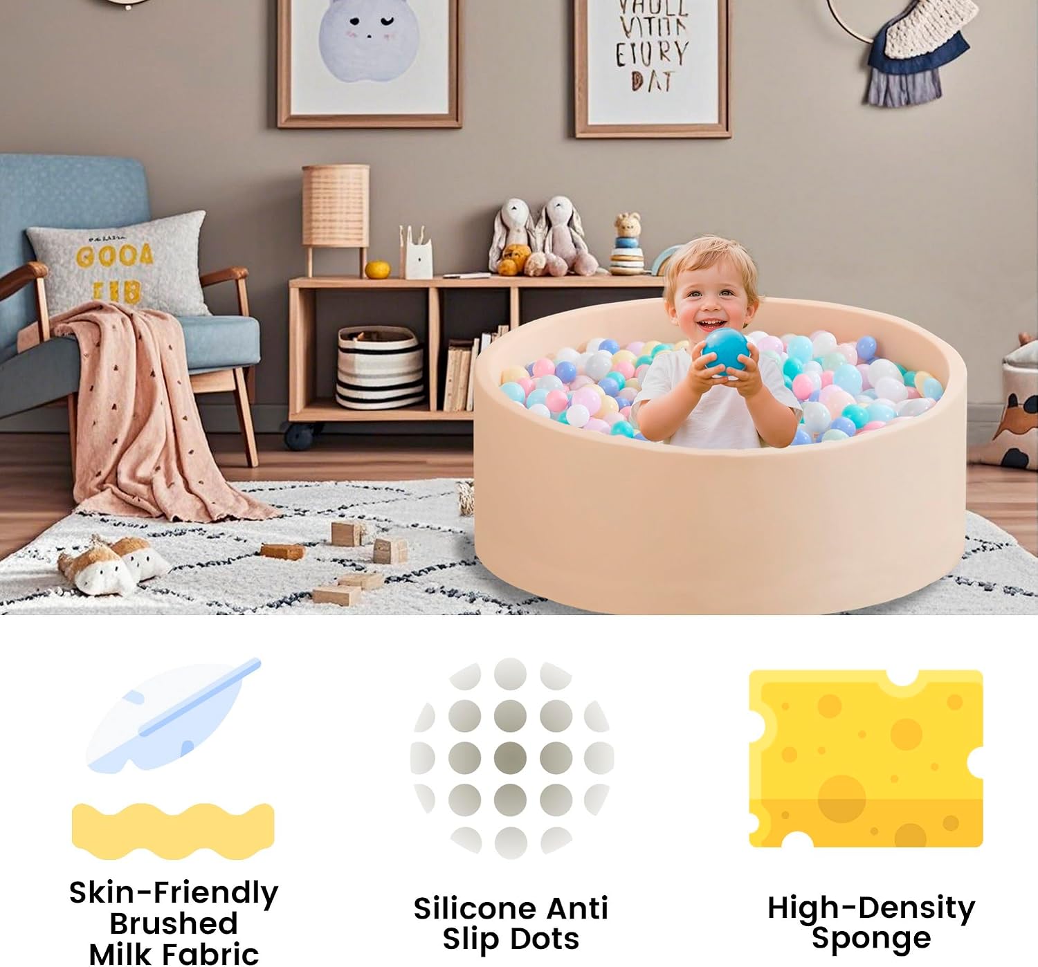 Detalle de Zedachica Memory Foam Ball Pit for Toddlers (35.43 x 11.81 x 1.97 in) – Indoor/Outdoor Play Pen, Beige (No Balls)