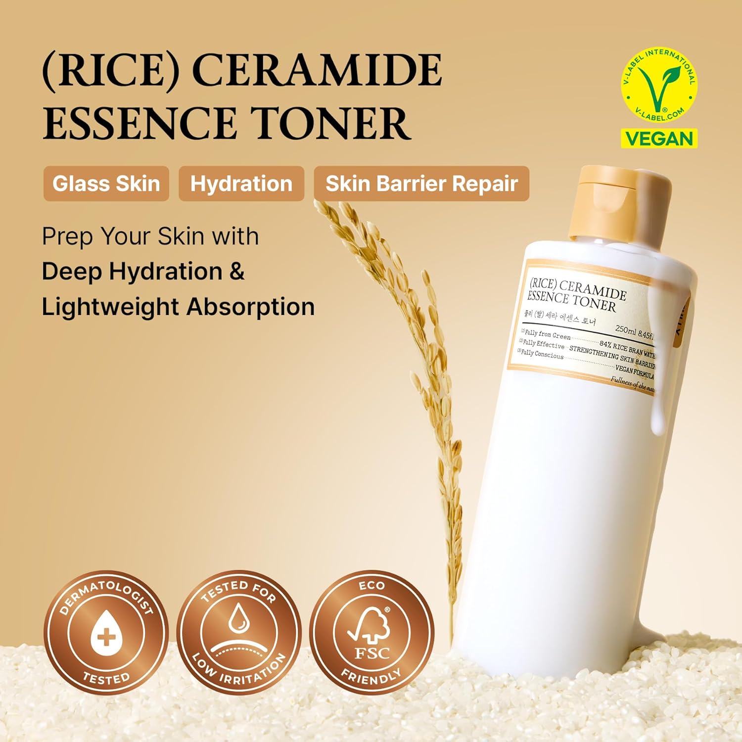 Detalle de FULLY Rice Ceramide Essence Toner (Milky) – fragrance-free hydrating toner for glass skin, 250ml