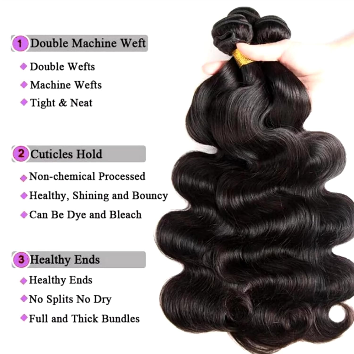 Detalle de SDDRSRA 12A Human Hair Bundles, 20/22/24-Inch Body Wave, Natural Black