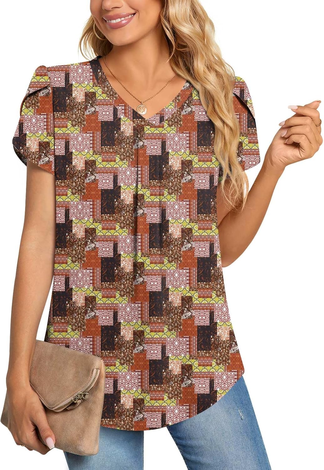 Thumbnail 3 de Aodemo Women Summer Dressy Chiffon Blouse: Petal Short Sleeve/Sleeveless V-Neck Tunic