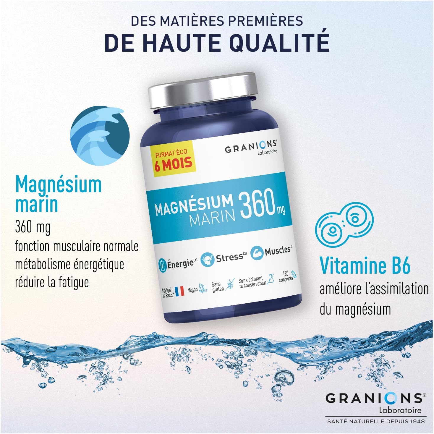 Thumbnail 3 de GRANIONS Magnesium Marin 360 mg – Pillulier 6 mois, Magnésium + Vitamine B6, Anti-stress, 180 comprimés – Laboratoire Granions (France)