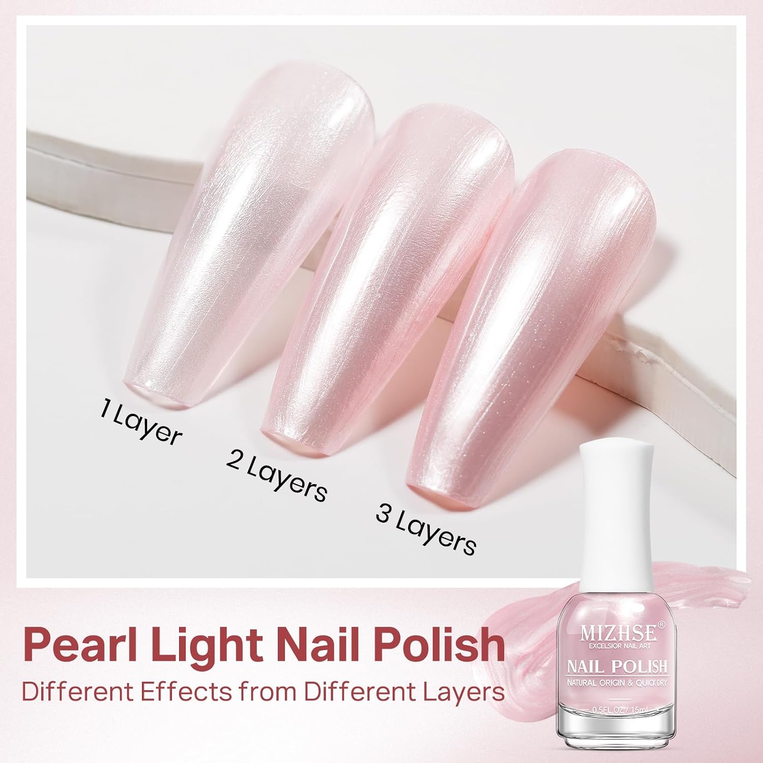Detalle de MIZHSE Pearlescent Pink Nail Polish — Quick Dry, Oil-Based Pale Pink (15ml)