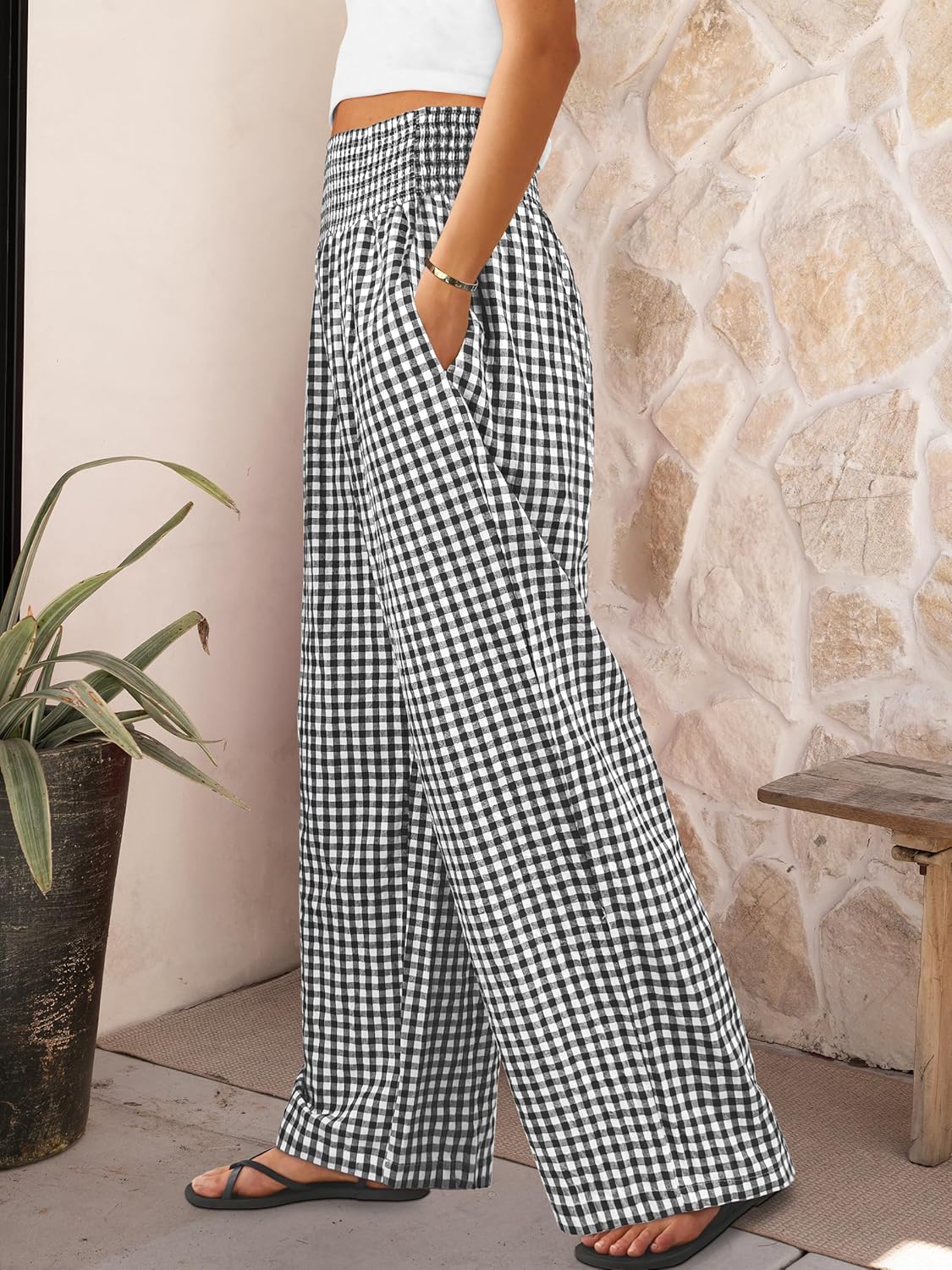 Thumbnail 2 de ANRABESS Women’s Gingham-Check Palazzo Pajama Pants with High-Waist Smocked Elastic Waist