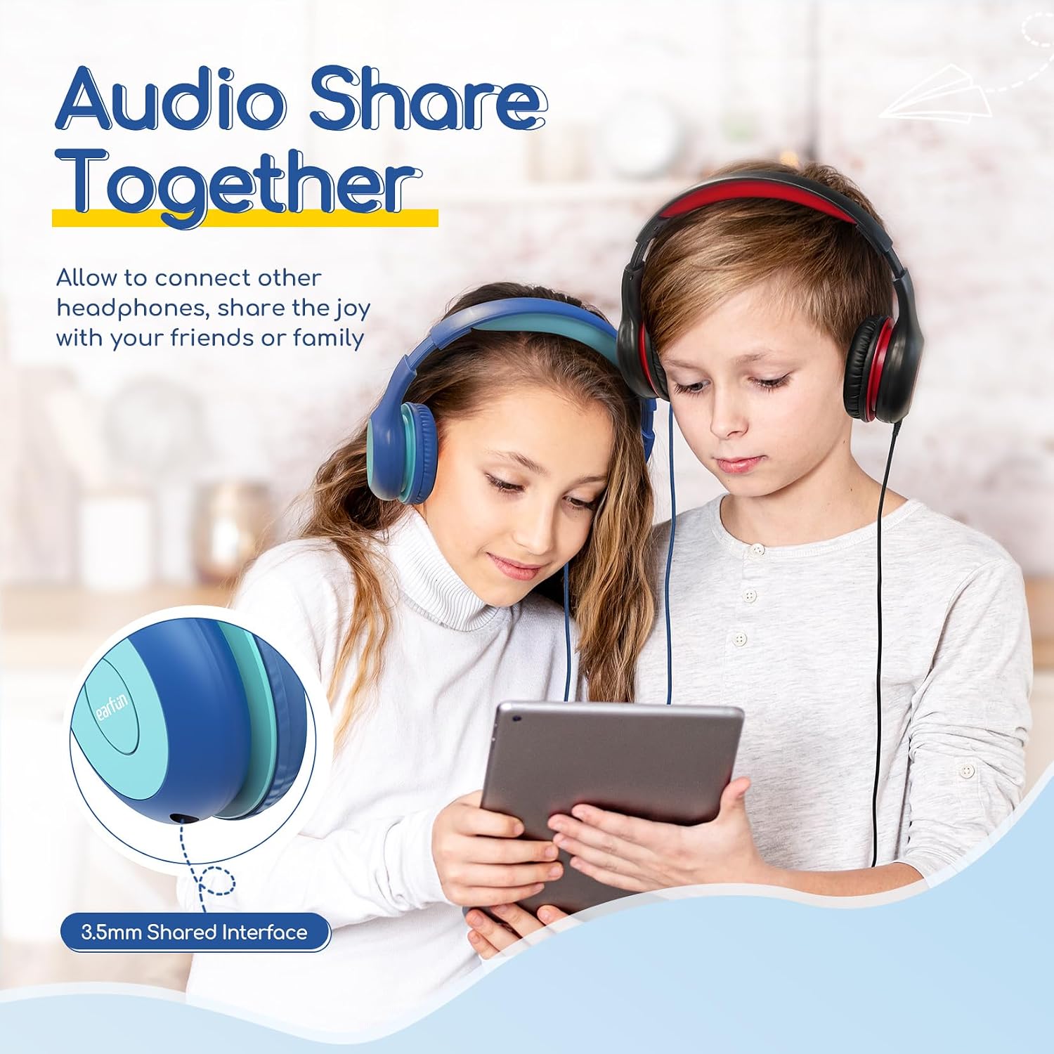 Detalle de EarFun Kinder Kopfhörer – kabelgebundene Over-Ear-Hörer mit 85 dB Lautstärkebegrenzung (Blau-Grün)