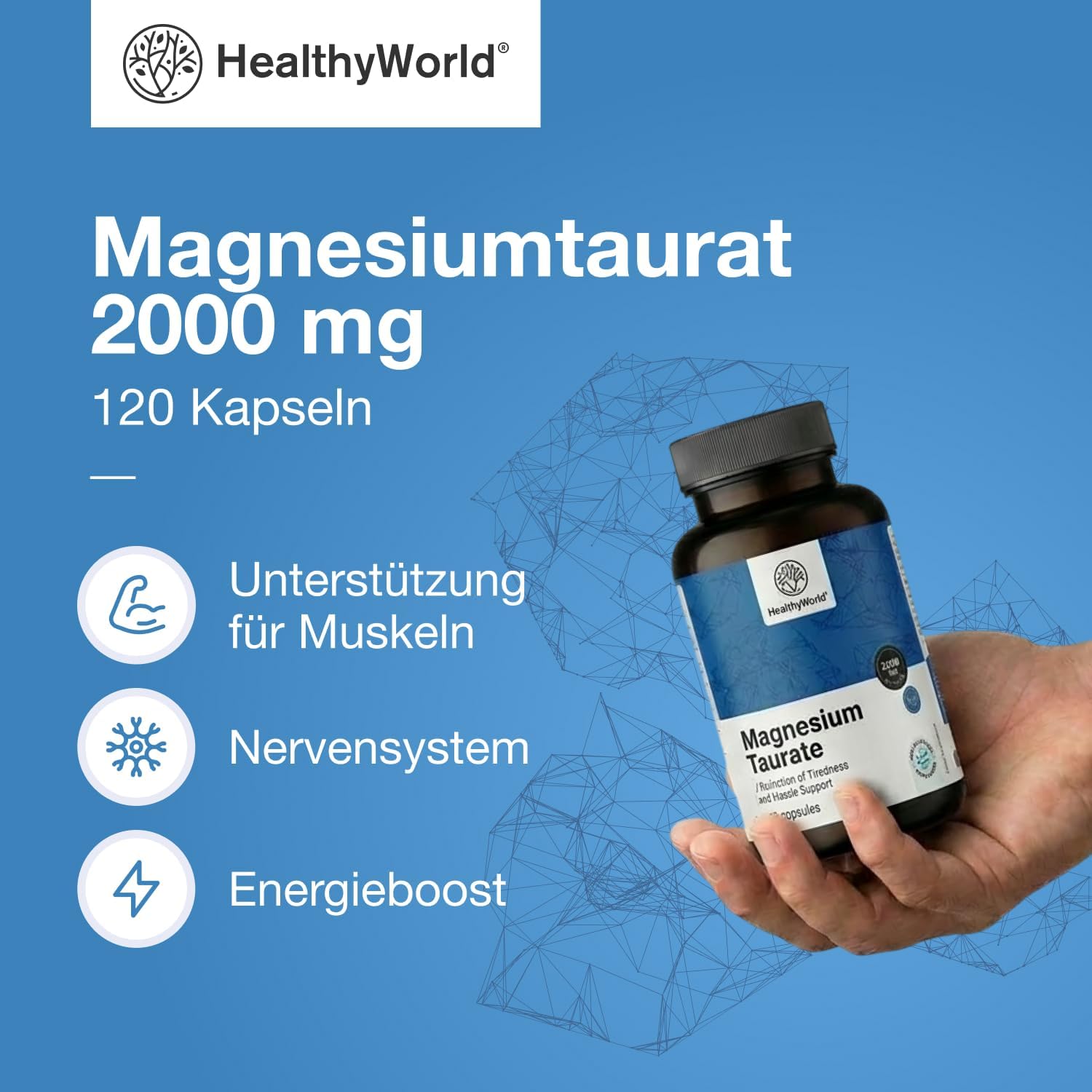 Detalle de HealthyWorld Magnesium Taurat 2000 mg – Pflanzliche Kapseln, 120 Stück