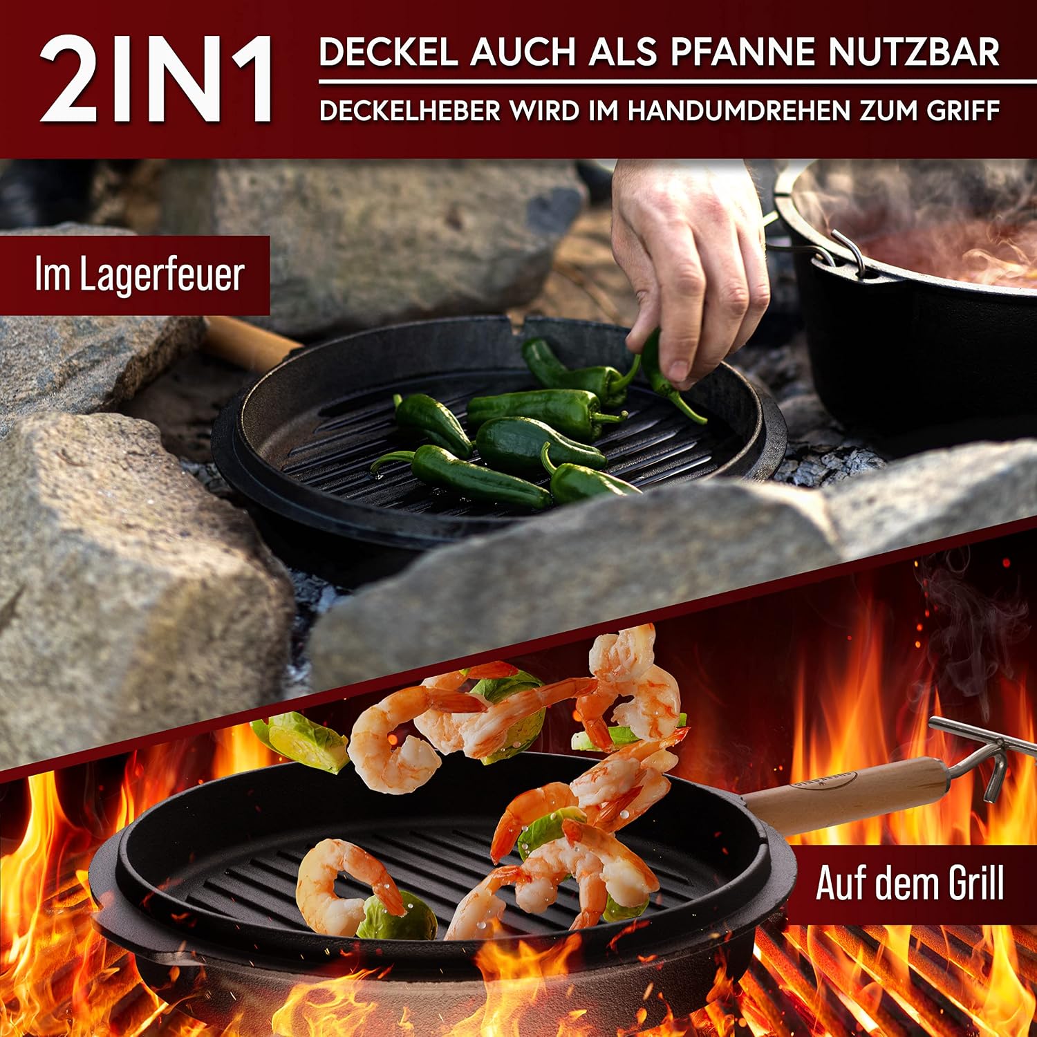 Detalle de GUSSKÖNIG Dutch Oven Set 9L – Eingebrannter Feuertopf mit 2in1 Deckelheber und umfangreichem Zubehör