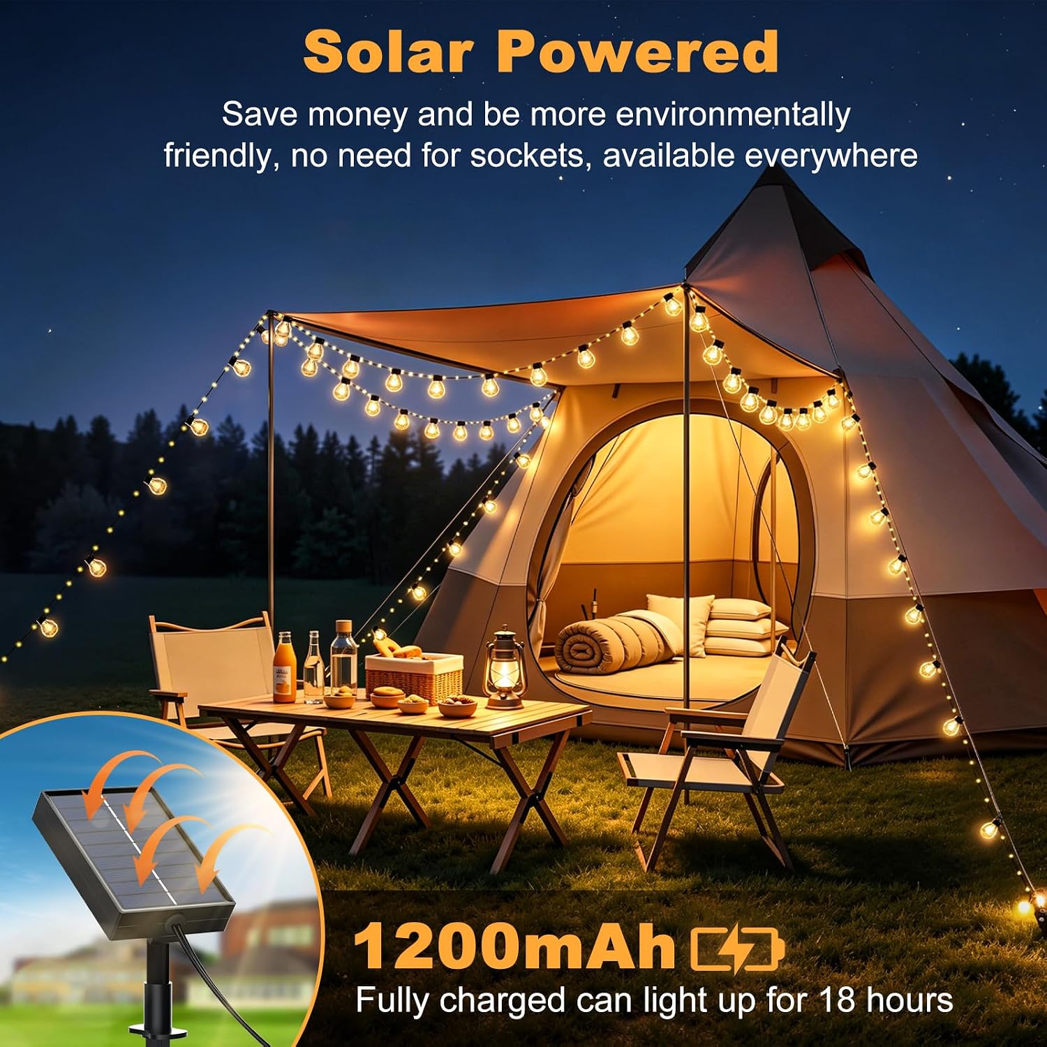 Detalle de Solar Lichterkette Outdoor 10 m mit 100 LEDs – 8 Modi, Fernbedienung, IP44