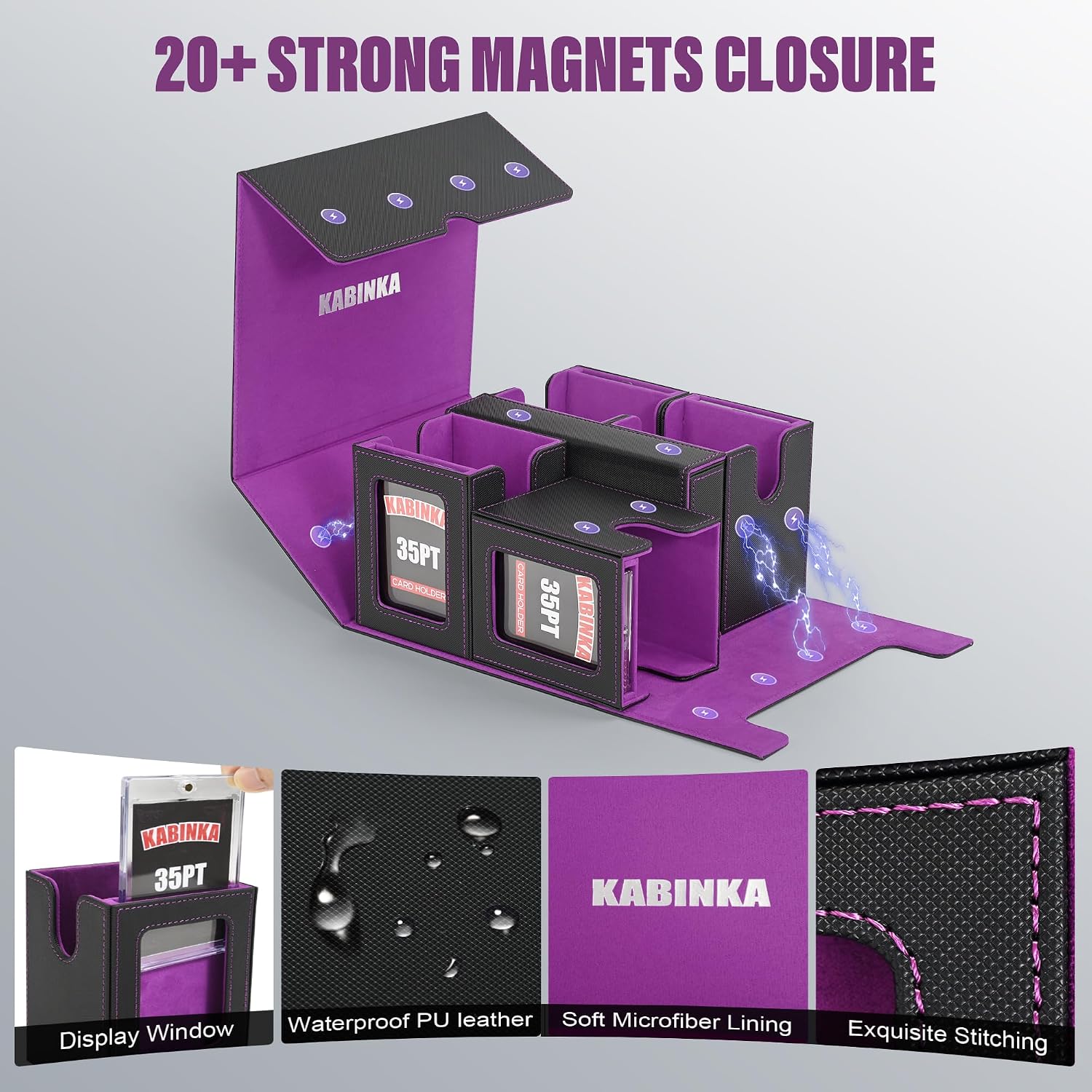 Thumbnail 1 de Kabinka Card Deck Box for MTG Commander (4 Magnetic Card Cases + Dice Tray) — Holds 400+ Double-Sleeved Cards, Black/Purple