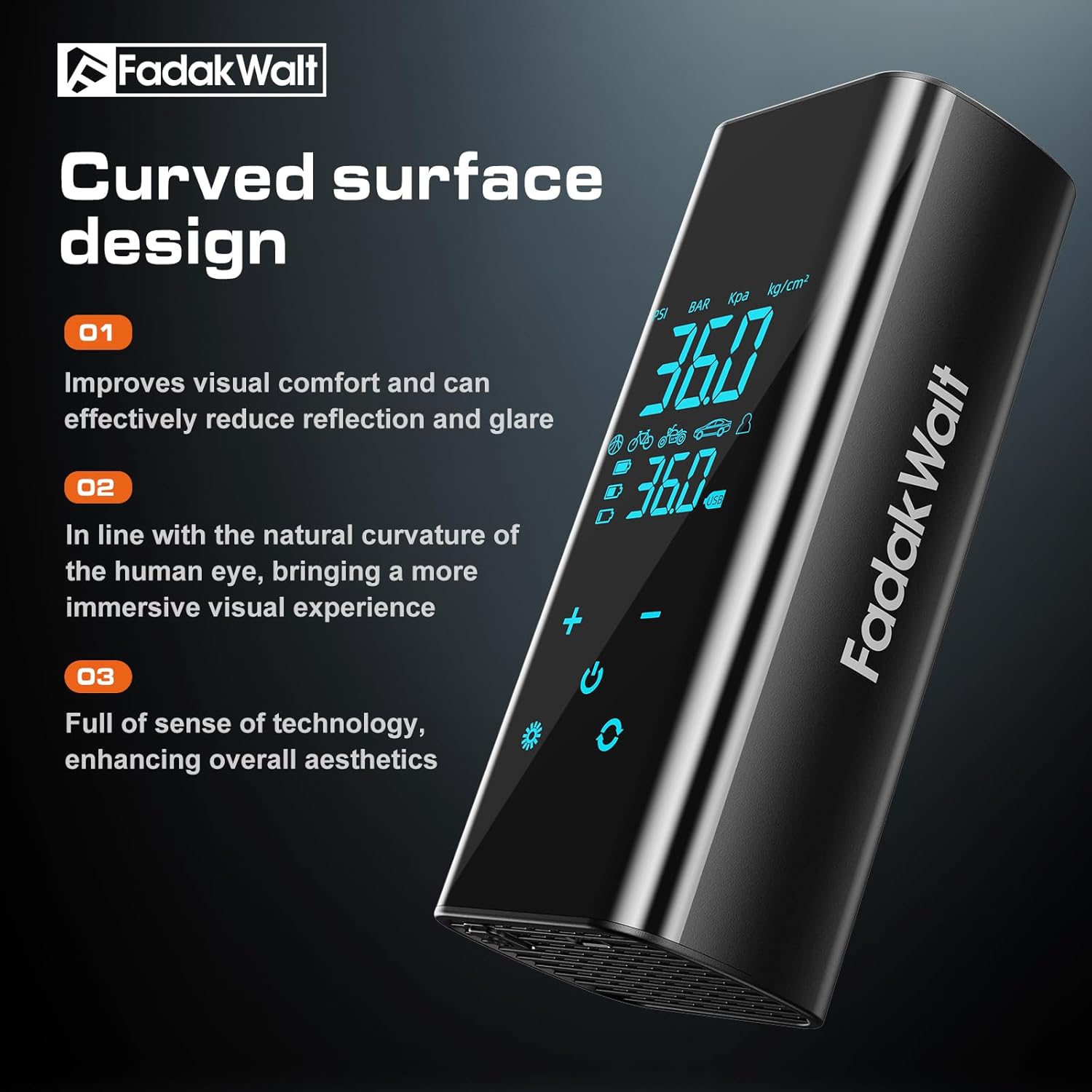 Detalle 2 de FADAKWALT Tire Inflator Portable Air Compressor (Cordless, 150 PSI, Digital Gauge, Touch Screen)