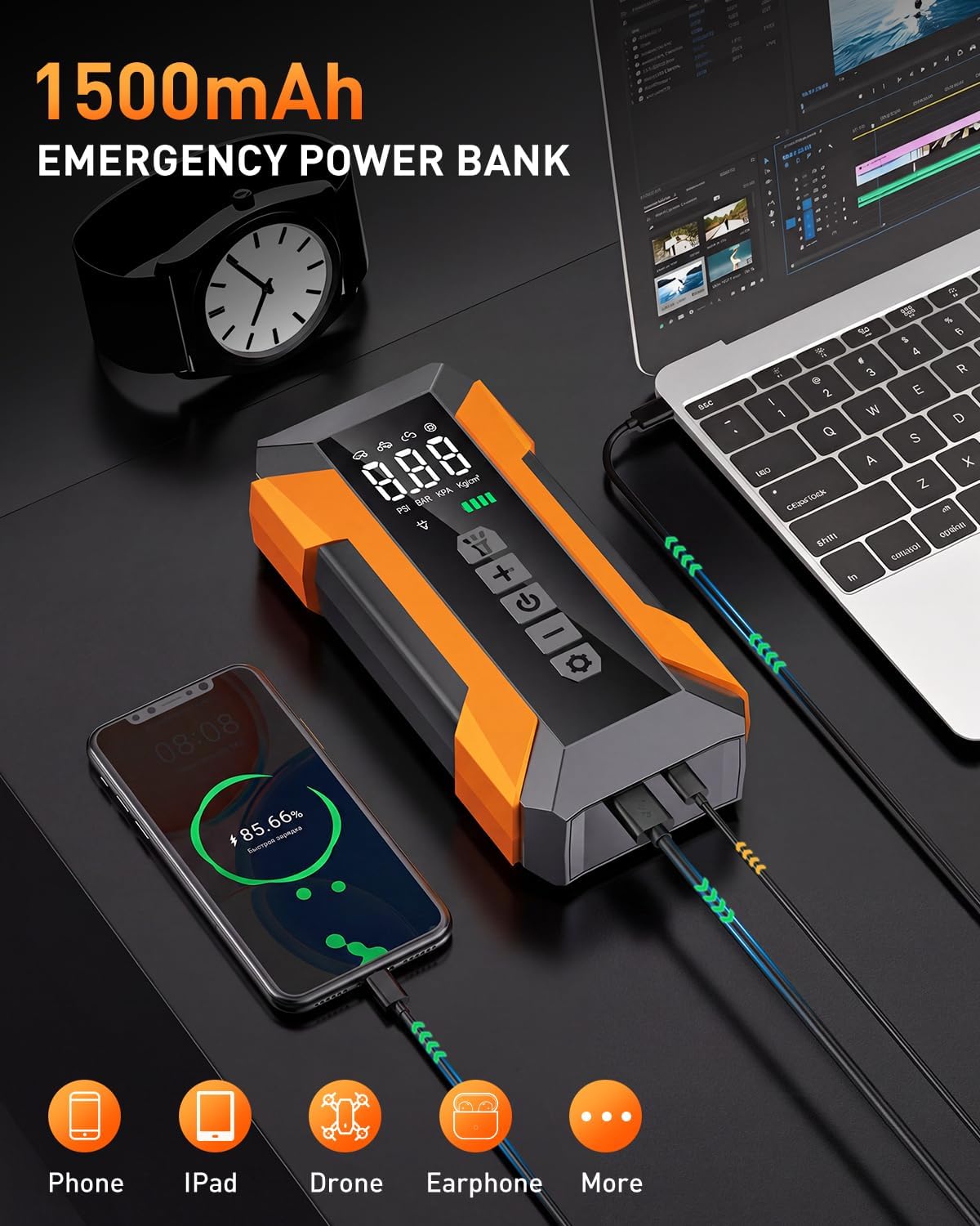 Thumbnail 6 de Jump Starter Power Pack with Air Compressor 8000mAh 150 PSI – 12V Car Battery Booster Jump Starter and Portable Air Pump