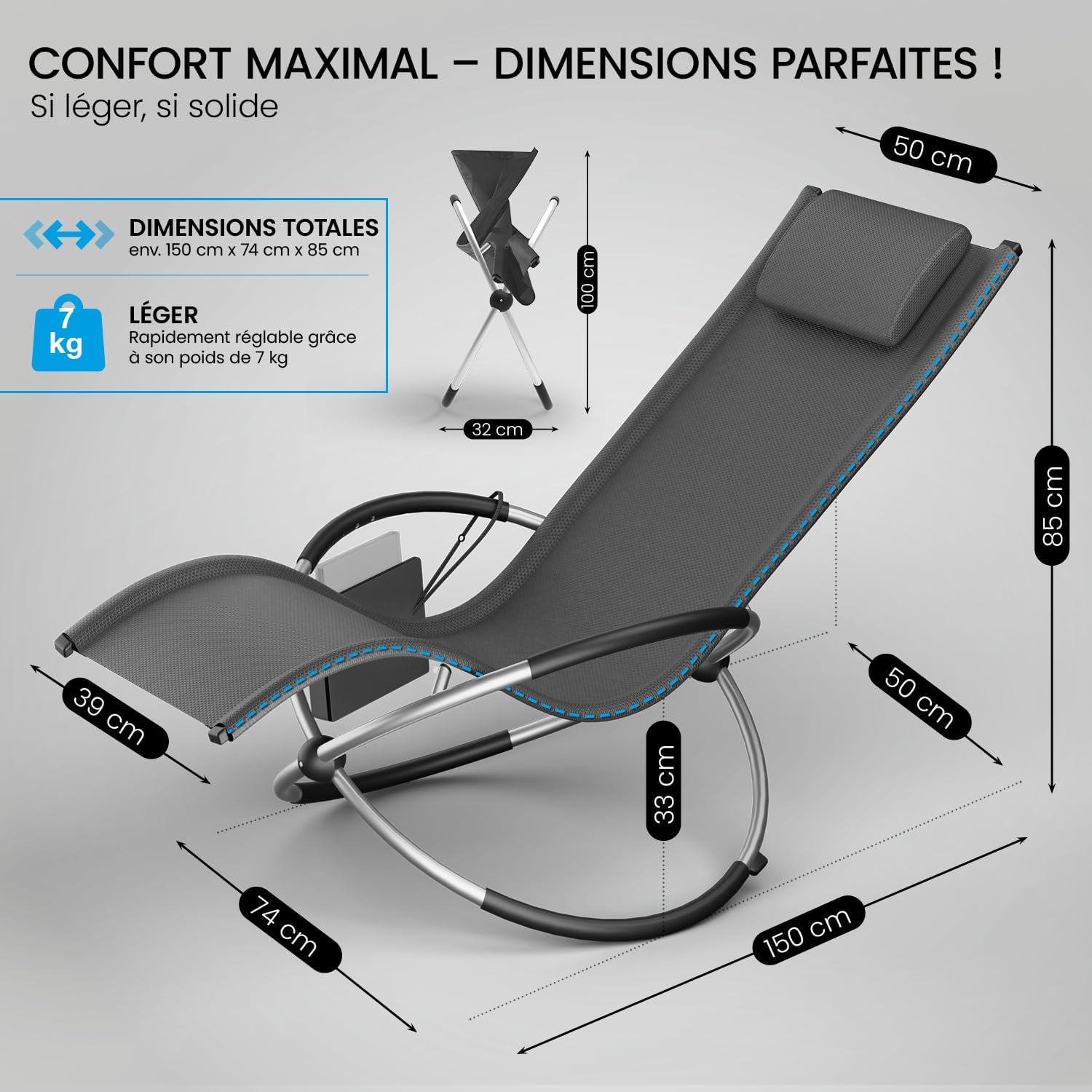 Detalle 2 de ELONEO Chaise Longue à Bascule Extérieure avec Pochette – confort zéro gravité et matière résistante