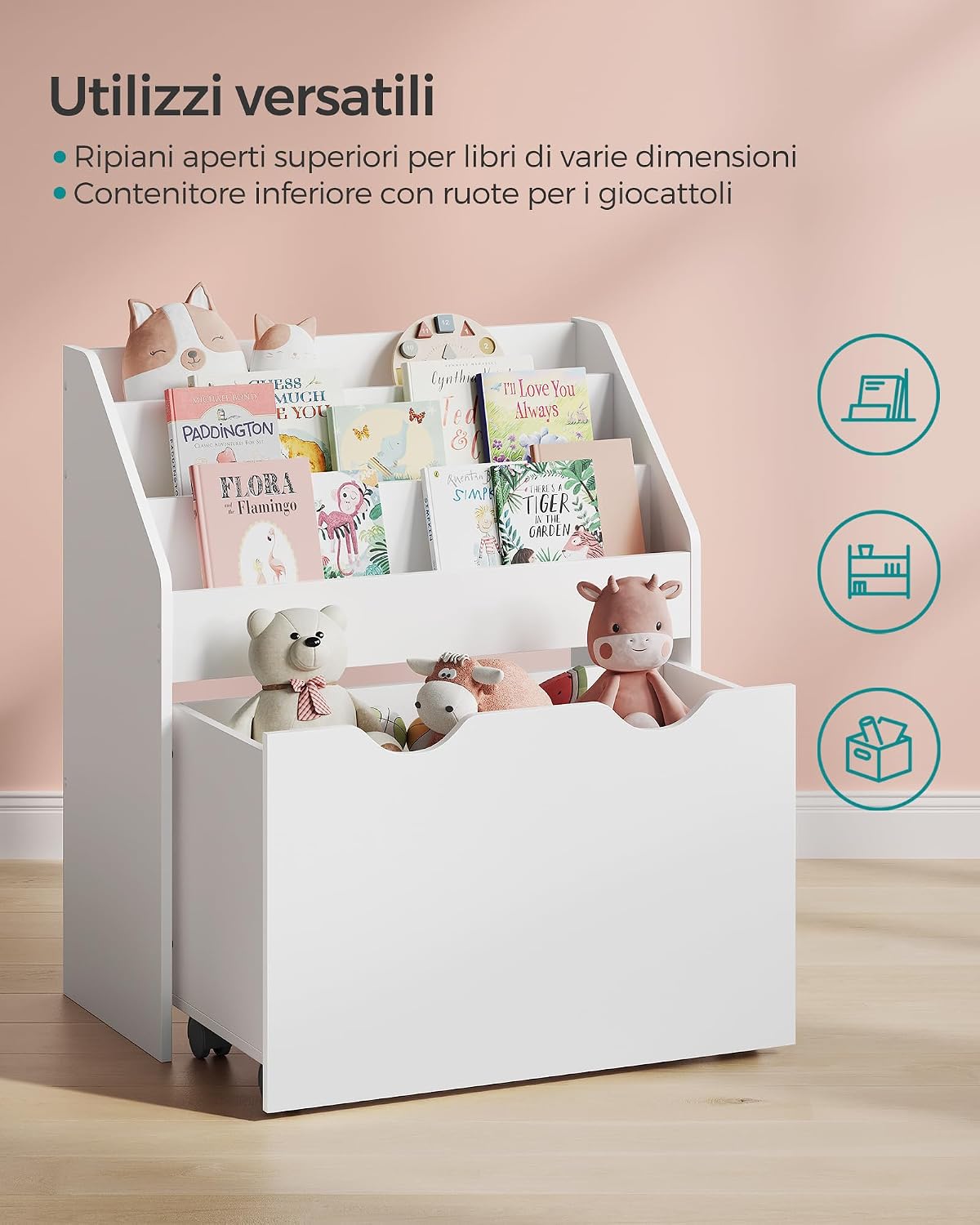 Thumbnail 5 de SONGMICS Scaffale per Giocattoli e Libreria 3 Scomparti con Contenitore Portagiochi a Ruote, Bianco Nuvola GKR041W10