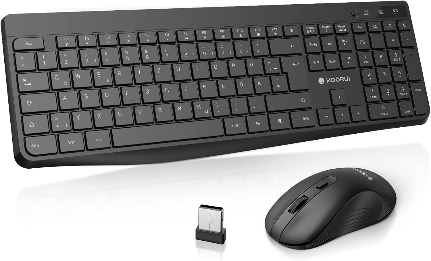 Detalle de KOORUI kabelloses Tastatur-und-Maus-Set (QWERTZ, deutsches Layout) mit leiser Maus, 2,4 GHz Funk – schwarz