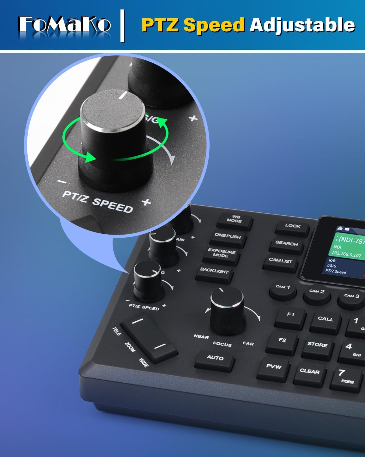 Thumbnail 4 de FoMaKo KC608 Pro NDI PTZ Camera Controller (Black) with PoE, 4D Joystick and LCD Preview