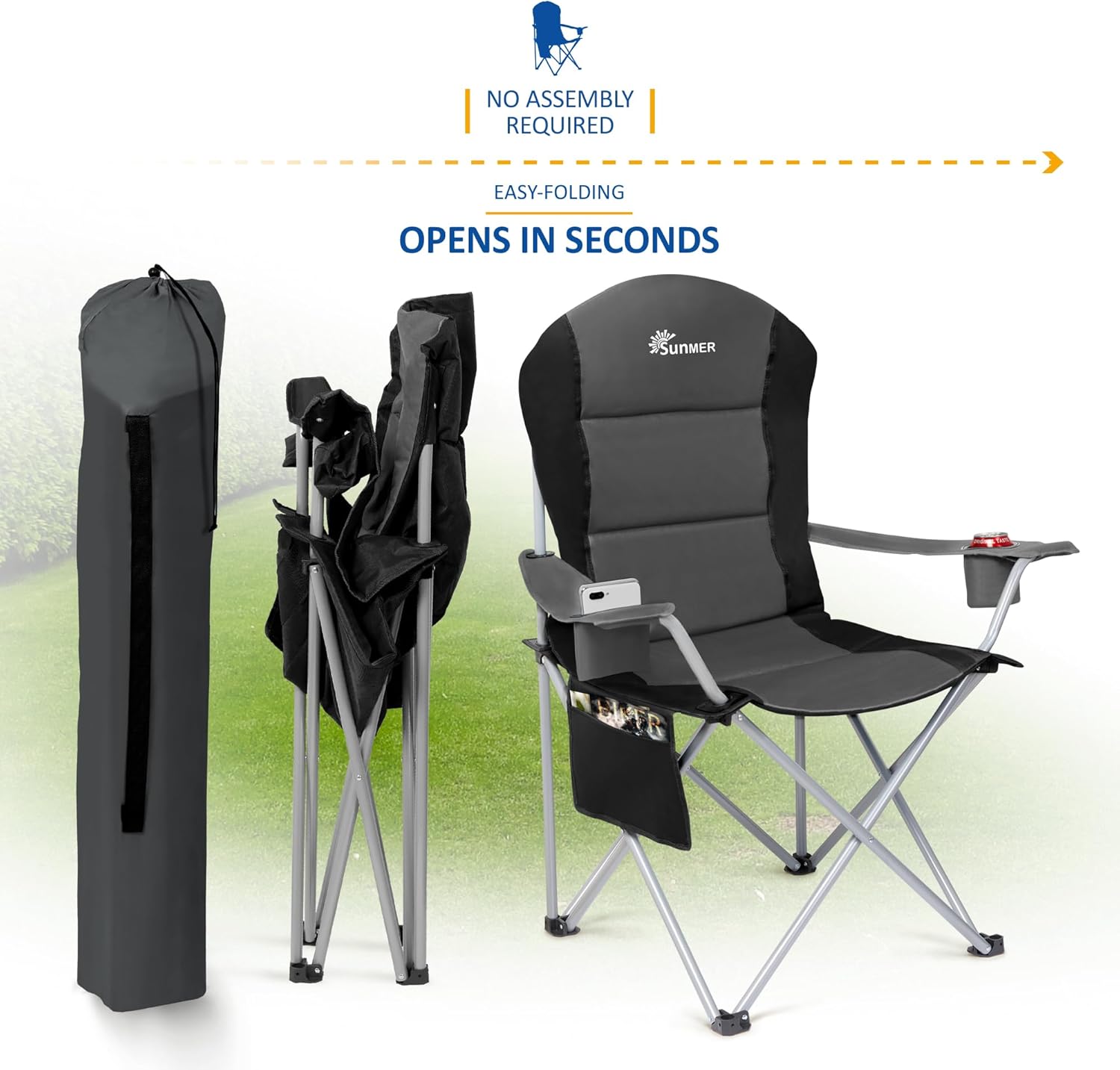 Detalle de SUNMER Padded Camping Chairs – 2 Deluxe Folding Chairs with Cup Holder, Side Pockets & 120kg Load, Dark Grey