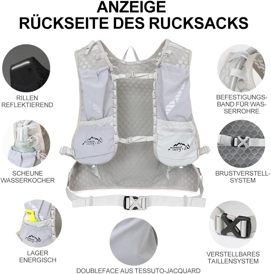 Detalle de INOXTO Sport Wasserbeutel Weste mit 1,5 l Trinkblase – Unisex Outdoor-Weste für Running, Wandern und Radfahren
