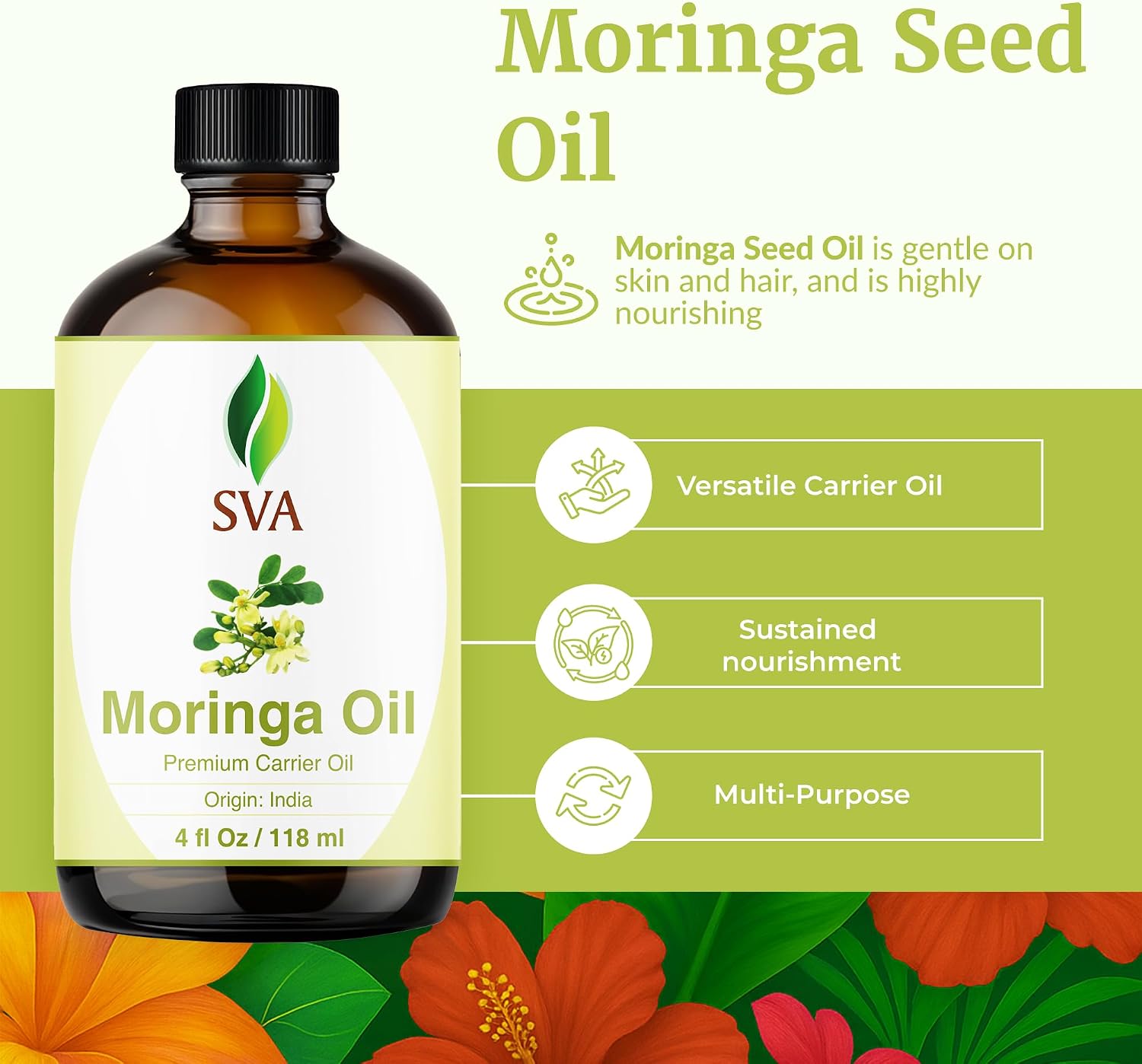 Detalle de SVA Moringa Seed Oil 4 Fl Oz — 100% Natural Cold-Pressed Carrier Oil