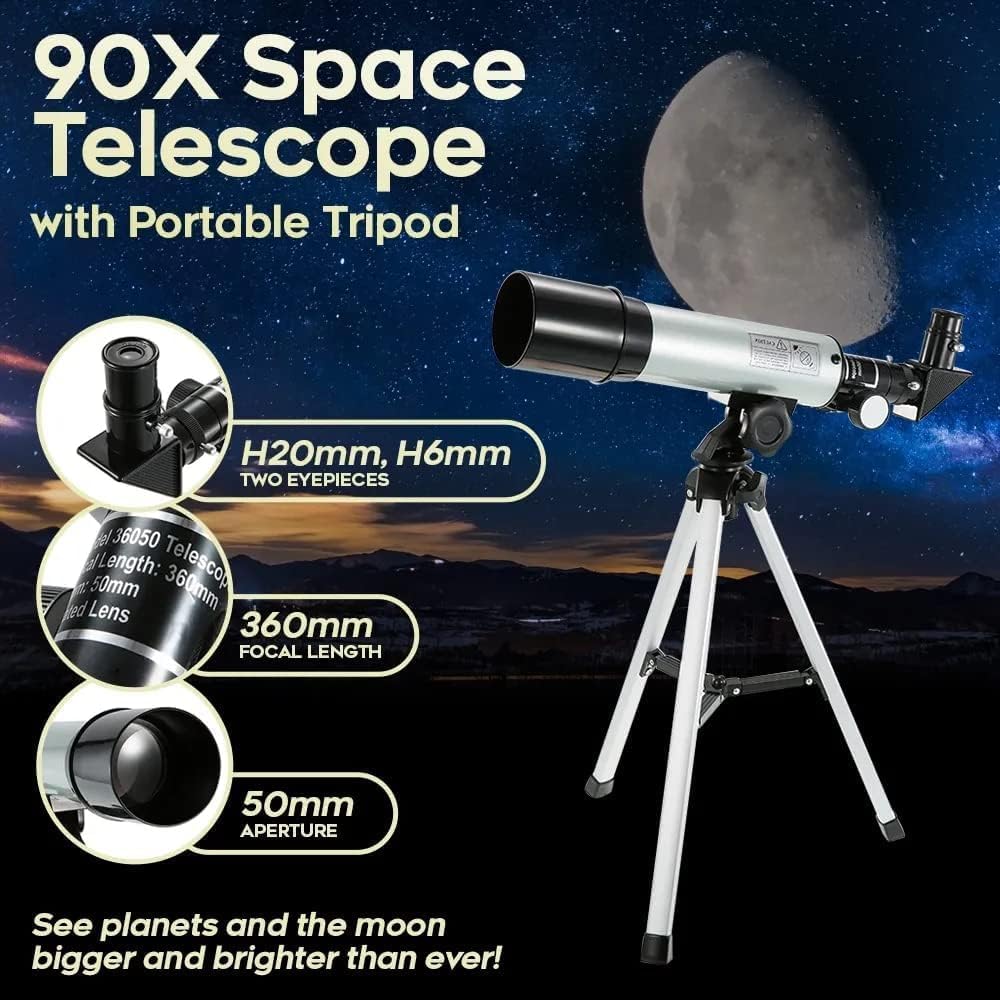 Detalle de Misilmp Kids Astronomy Telescope 360/50mm 90X Outdoor Monocular Space Telescope with Tripod – Blue
