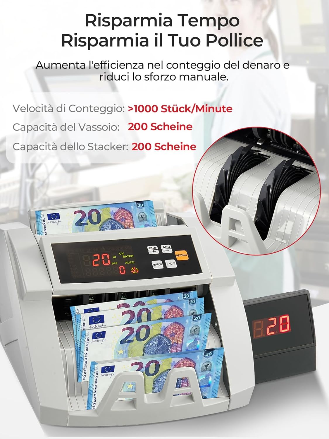 Thumbnail 5 de FOHERE Macchina conta banconote professionale con rilevamento falsi UV/MG/IR/DD fino a 1.100 banconote al minuto