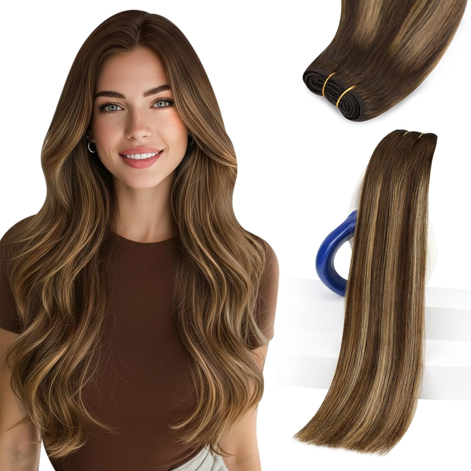 Detalle de Sunny Hair Sew In Hair Extensions Real Human Hair – 120g Balayage Hand-Tied Weft, Dark Brown to Caramel Blonde, 20 Inch