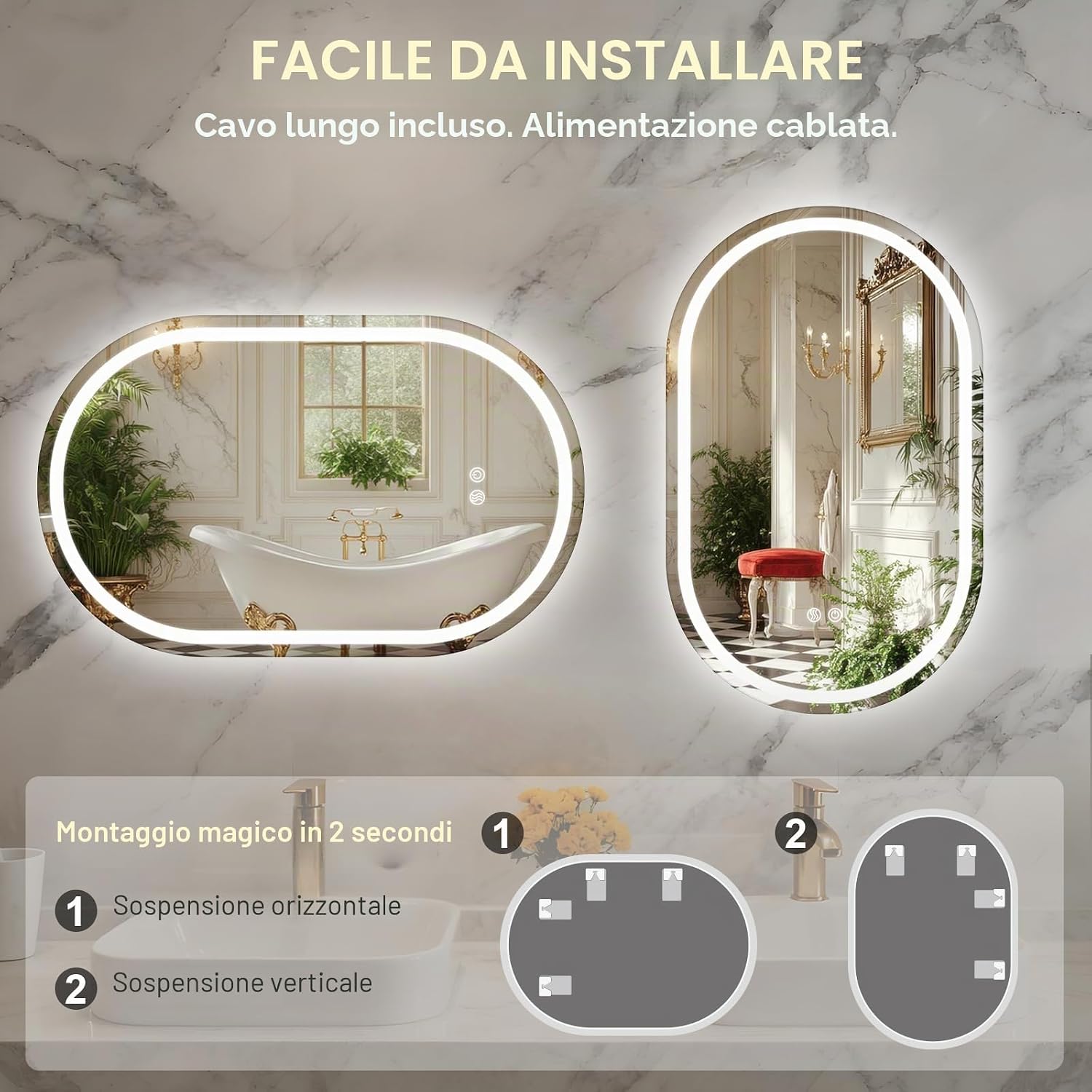 Thumbnail 6 de PINNIP Specchio Bagno con Luce LED Ovale da Parete 80 x 50 cm – Antiappannamento, Dimmerabile e Vetro Temperato
