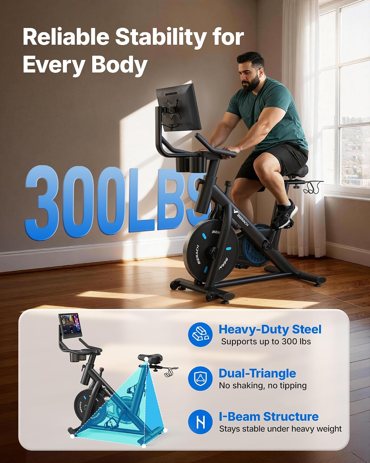Detalle de MERACH Exercise Bike with 15.6-Inch HD Display, Magnetic Resistance, 300 lb Capacity