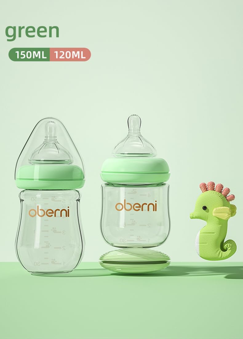 Detalle de Oberni Anti-Colic Glass Baby Bottles (150ml) with Slow Flow Breast-Like Silicone Teat – 3 Pack