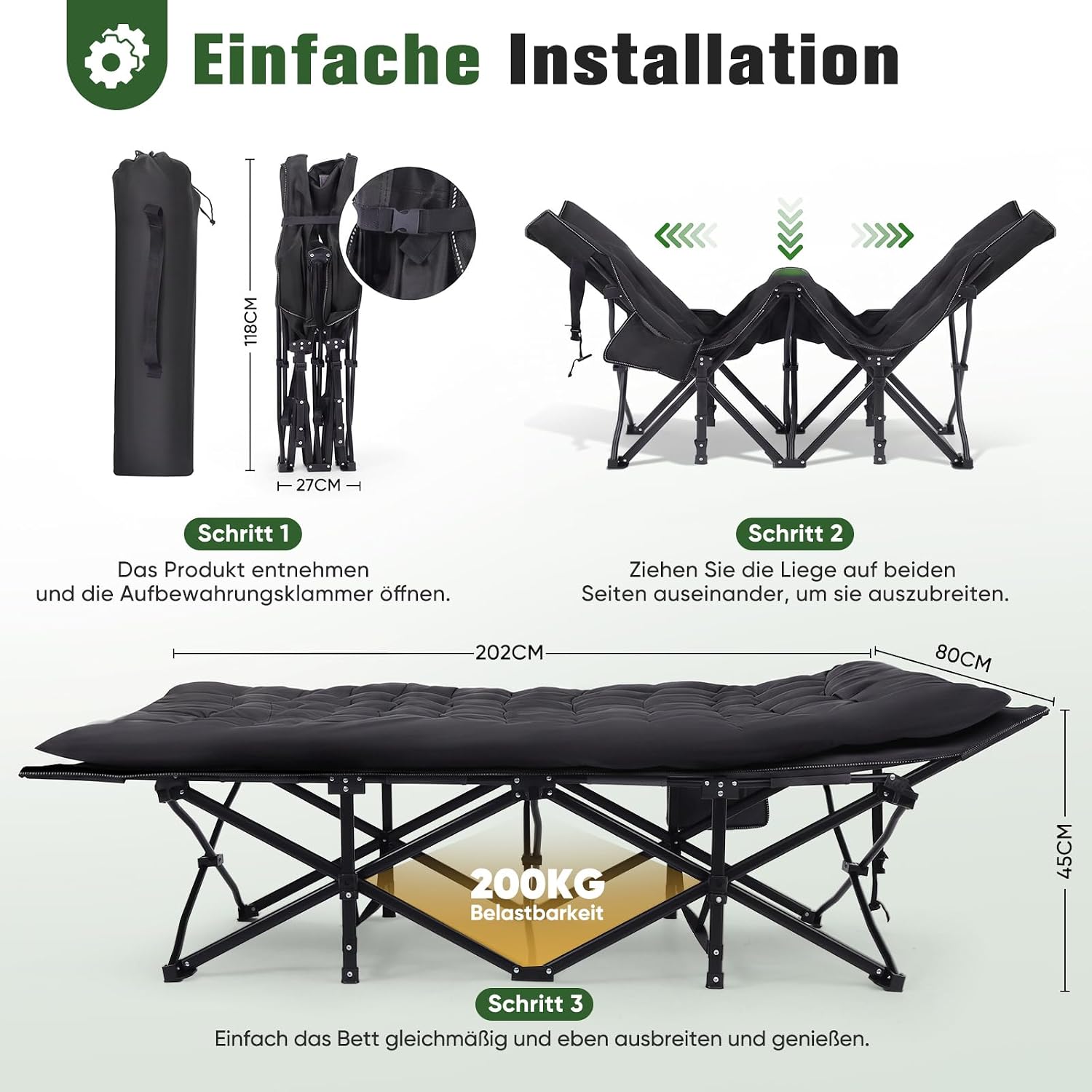 Detalle 2 de Sekey Feldbett Klappbar XXXL 202 × 80 × 45 cm – extra großes Campingbett mit abnehmbarer Komfortmatratze