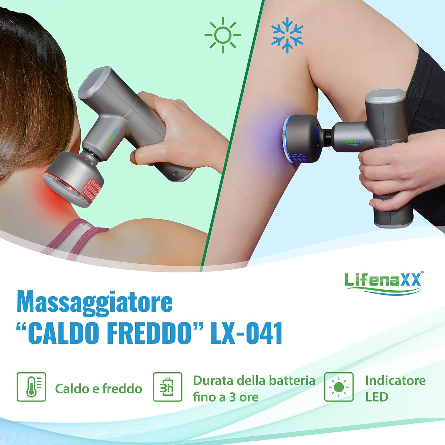 Detalle de LX-041: Pistola per massaggi Lifenaxx – calore, freddo e massaggio profondo con 5 testine