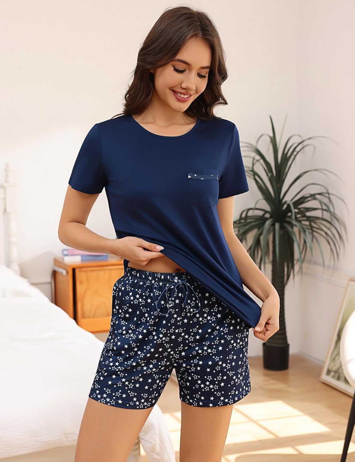 Detalle 2 de Aseniza Damen Kurz Pyjama Set – Baumwolle Shorty mit Sternenprint, 2-teilig