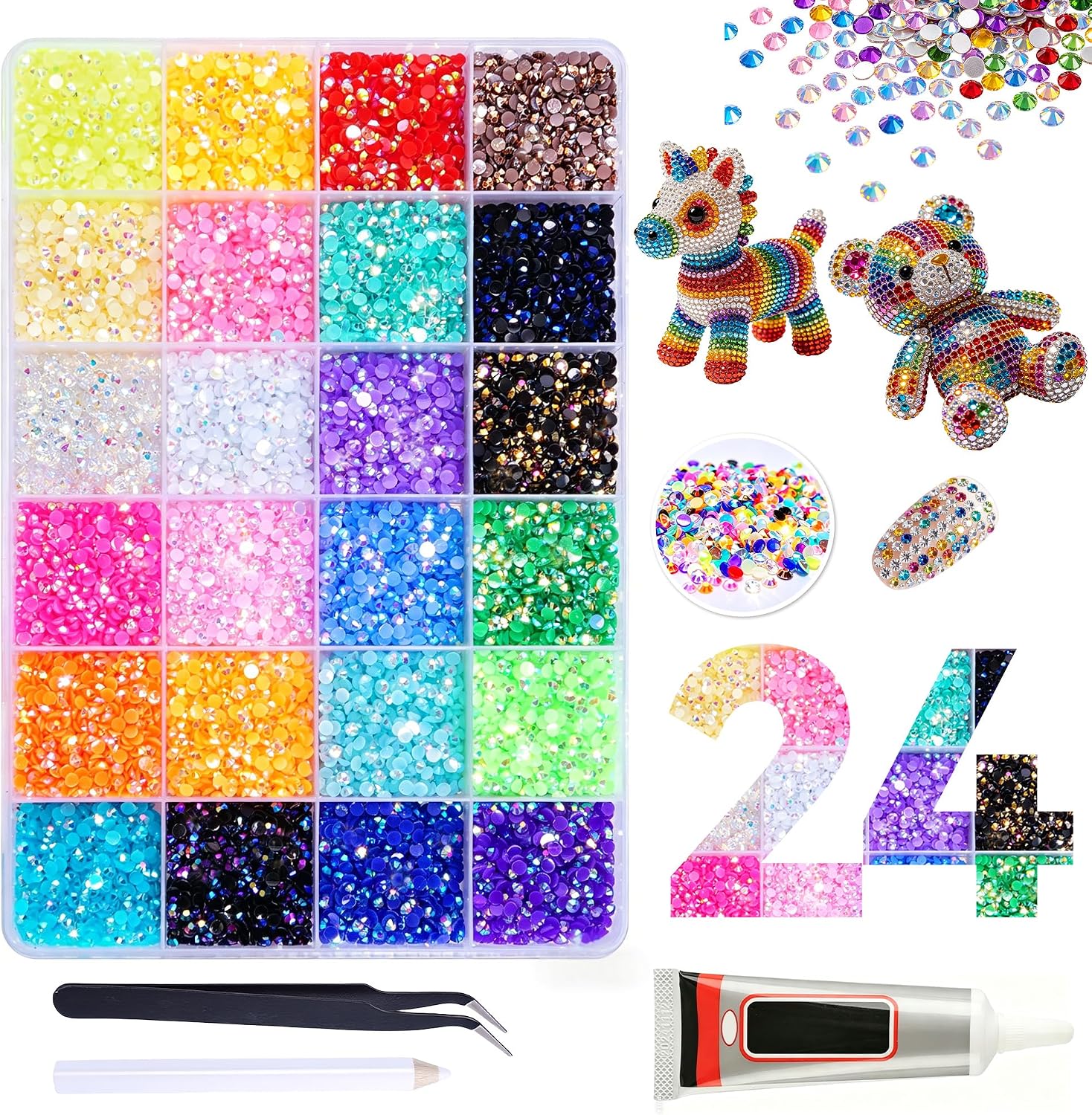 Detalle de Bedazzling Kit: Nail Resin Rhinestones for Crafts – 30,000pcs, 24 Colours with Picker Pen & Tweezers