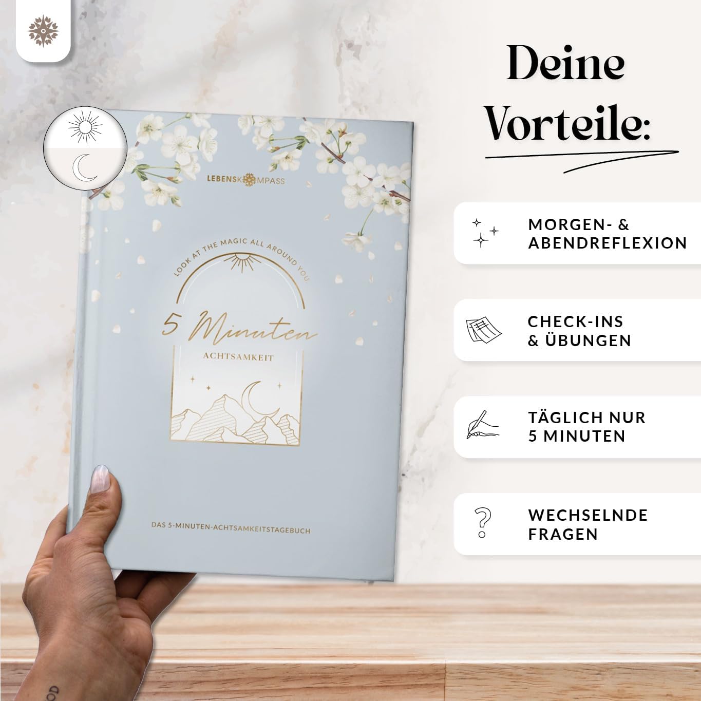 Detalle de LEBENSKOMPASS 5 Minuten Achtsamkeitstagebuch CALM – 20 Wochen Begleiter für Dankbarkeit, Achtsamkeit und Selbstliebe
