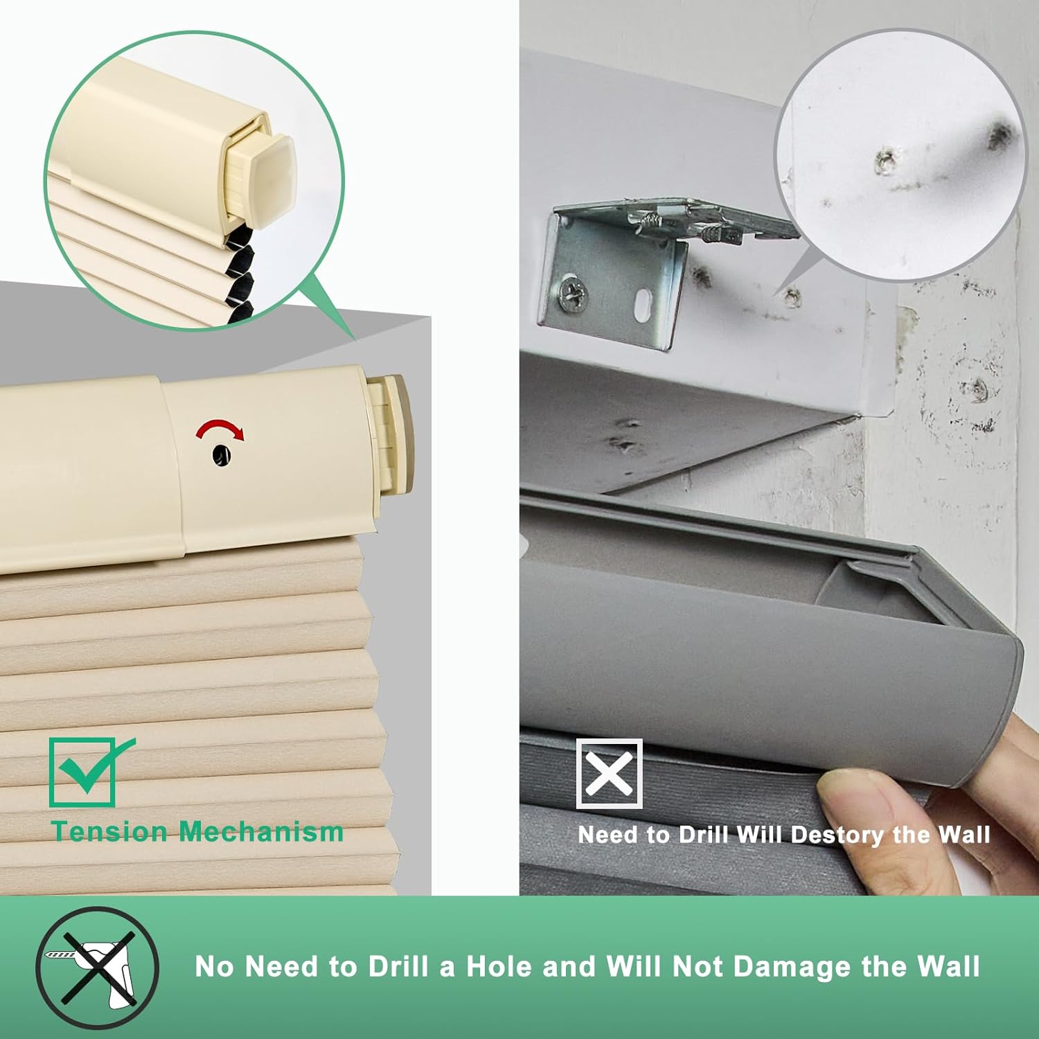 Detalle de Tonature No Drill Cellular Shades: 21" W x 64" H, Beige, Free Stop Cordless Blackout Honeycomb Blinds