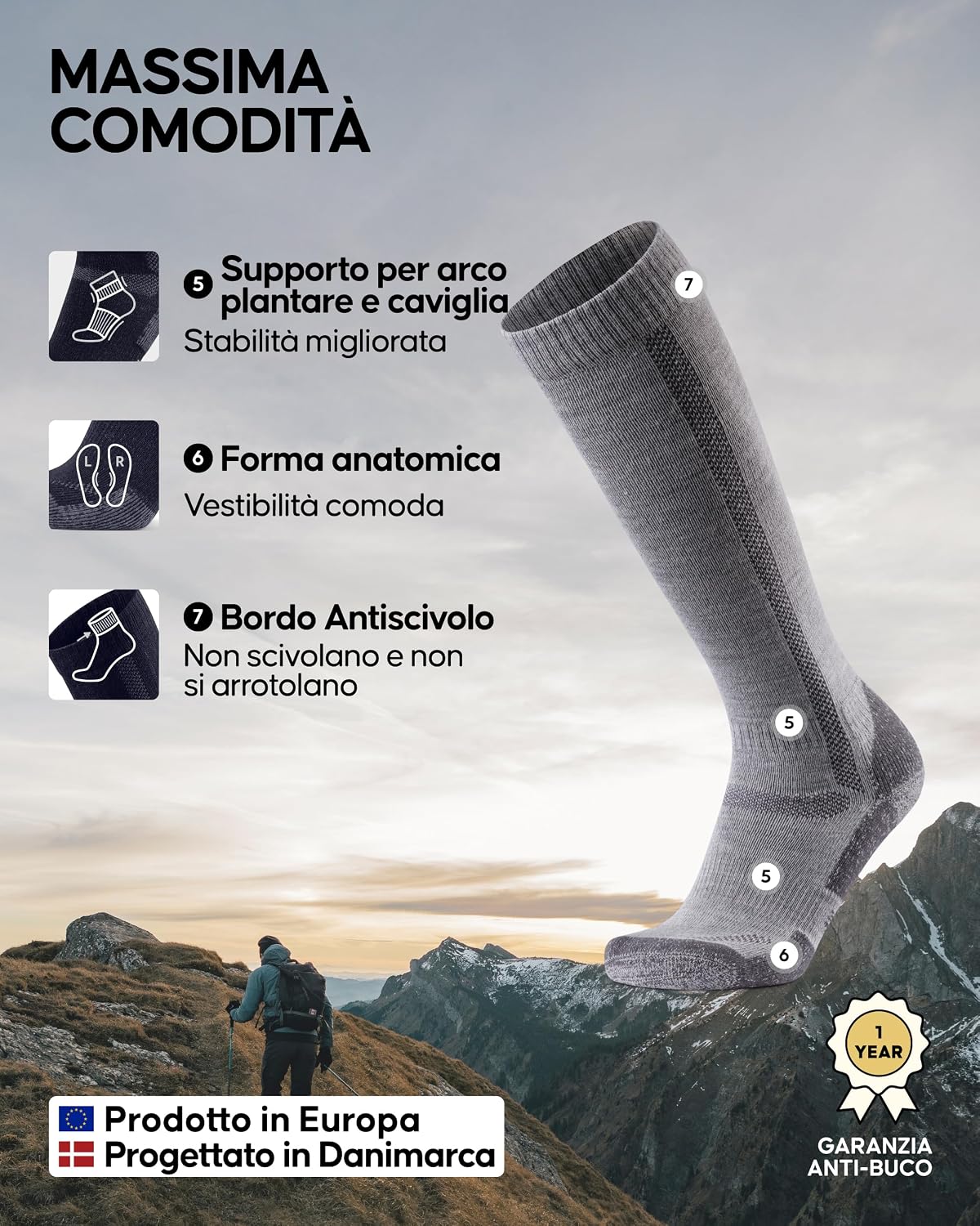 Thumbnail 2 de DANISH ENDURANCE Calze Lunghe Trekking in Lana Merino anti vesciche (1 o 3 paia)