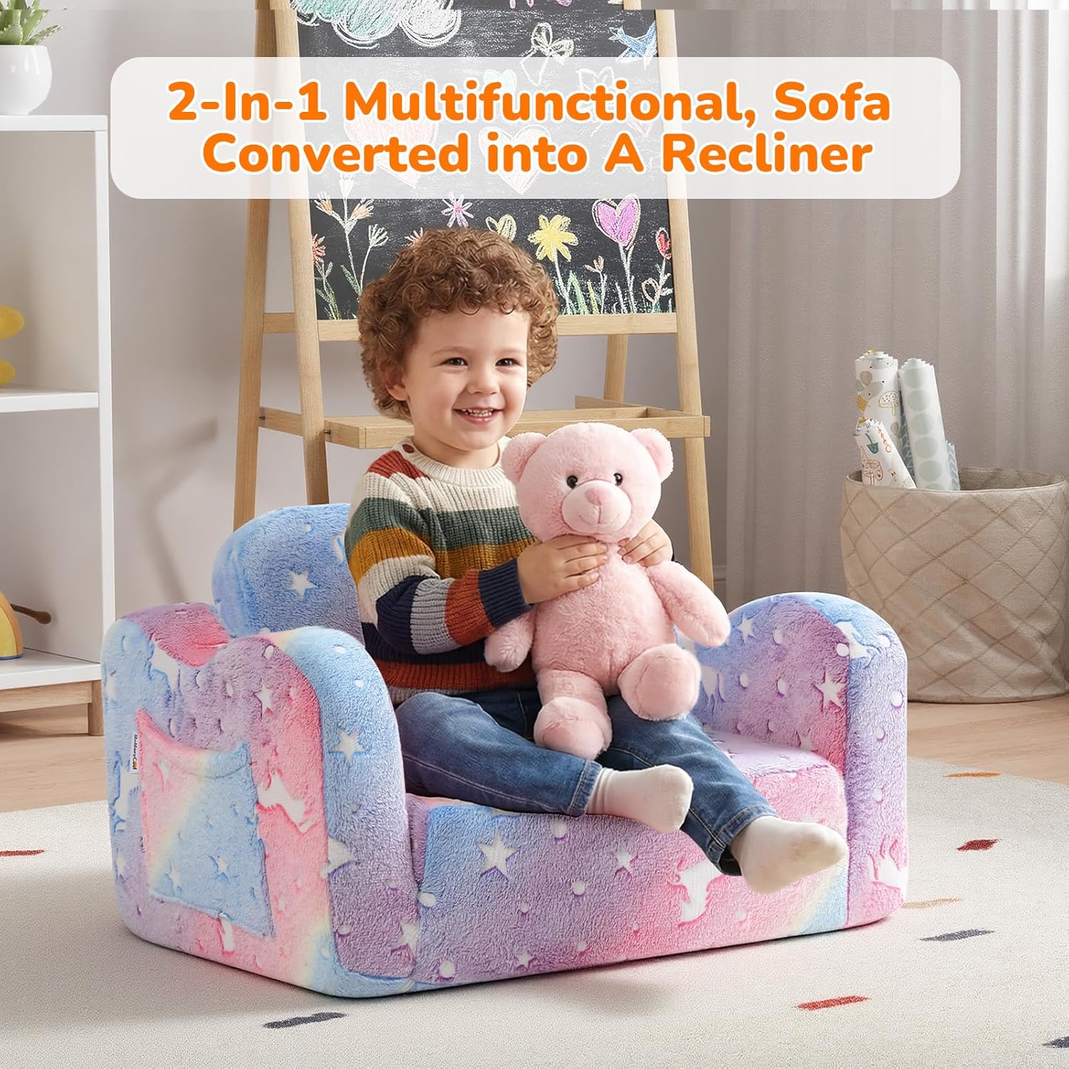 Detalle de MeMoreCool Glowing Rainbow Unicorn Kids Chair (Convertible 2-in-1 Fold-Out Kids Couch)