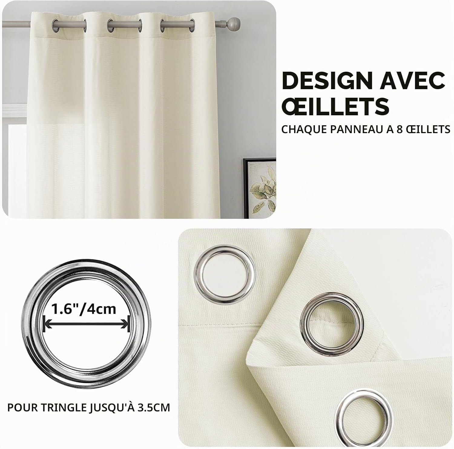Detalle de Ystyle Rideau Voilage Lot de 2 140x280cm Beige