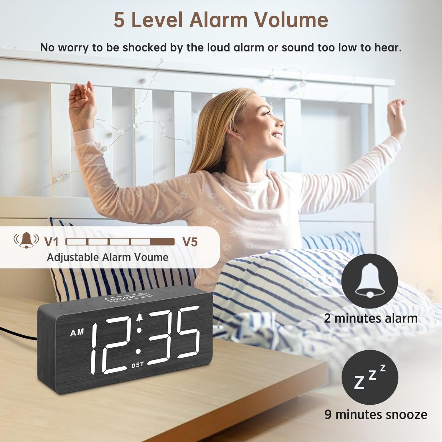 Detalle de DreamSky Wooden Digital Alarm Clock with Large Numbers, Dimmer and Adjustable Alarm