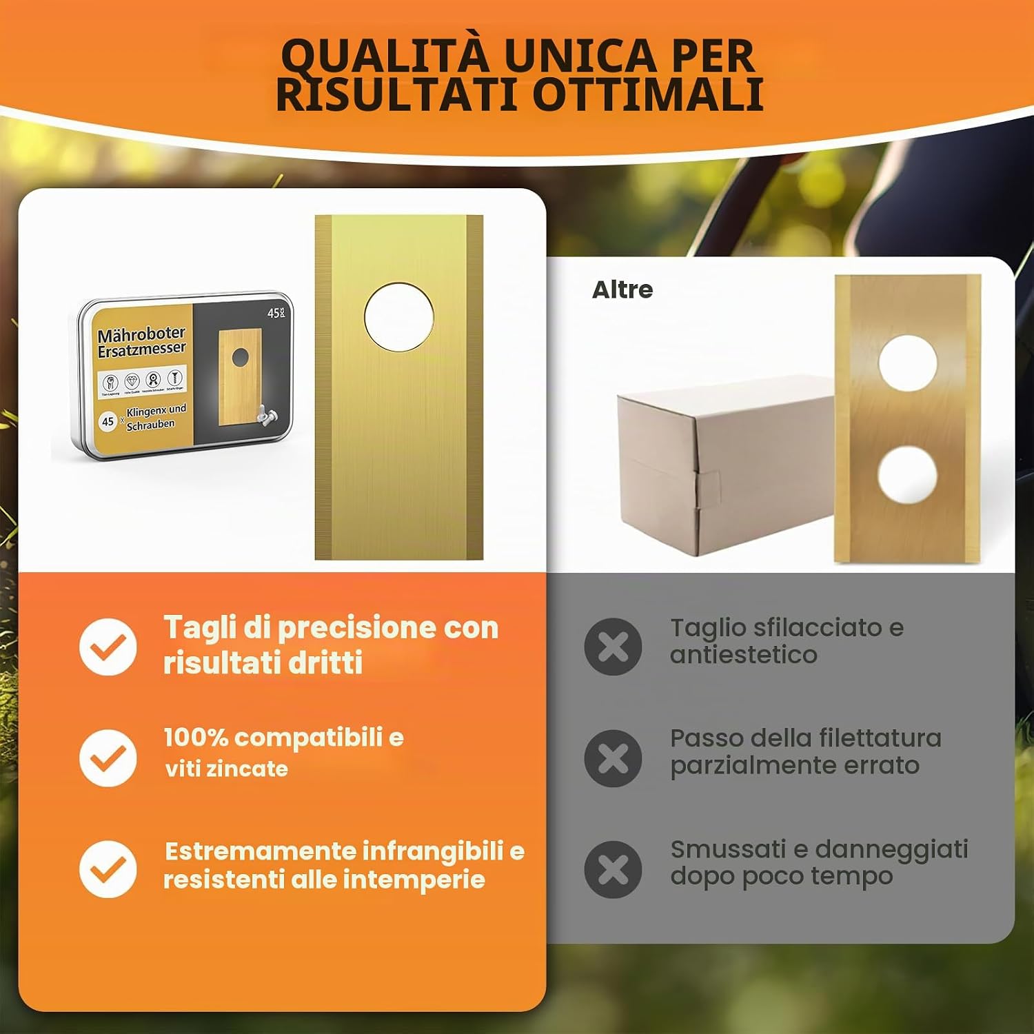 Detalle de TBoonor 45 Lame Robot tagliaerba – lama premium in acciaio inox/titanio per Worx, Landxcape, Zoef ed Einhell (45 lame incluse)