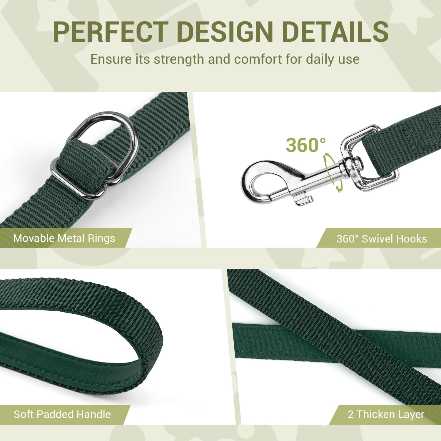 Thumbnail 6 de PETCOOZ Hundeleine mit 2 Karabinern, verstellbar auf 7 Längen – Schleppleine/Doppelleine für Hunde bis 30 kg, 3 m, dunkelgrün